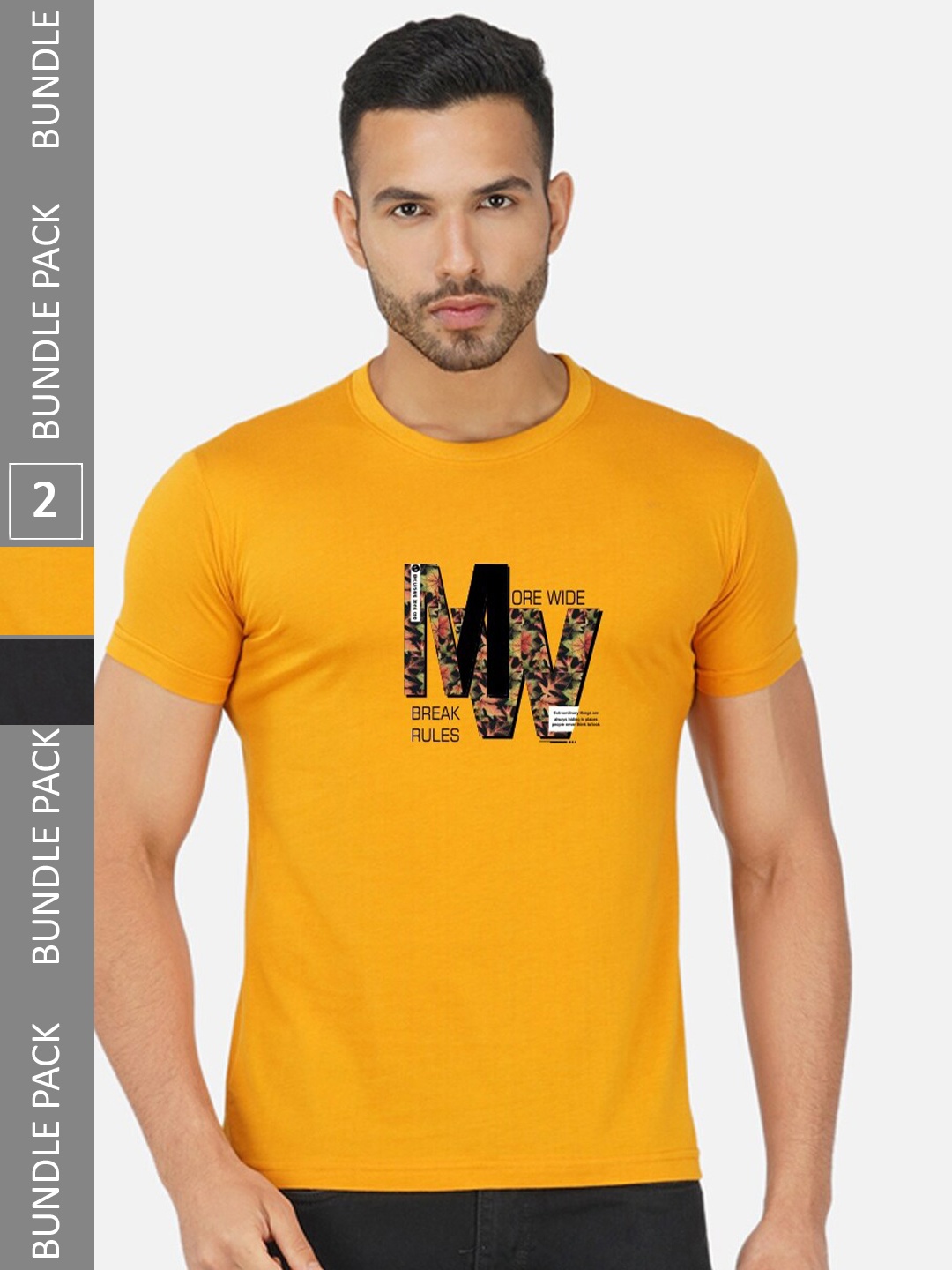 

CHOZI Pack Of 2 Graphic Printed Regular Fit Cotton Casual T-shirt, Mustard