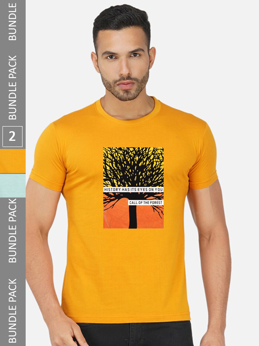 

CHOZI Pack Of 2 Graphic Printed Regular Fit Cotton Casual T-shirt, Mustard