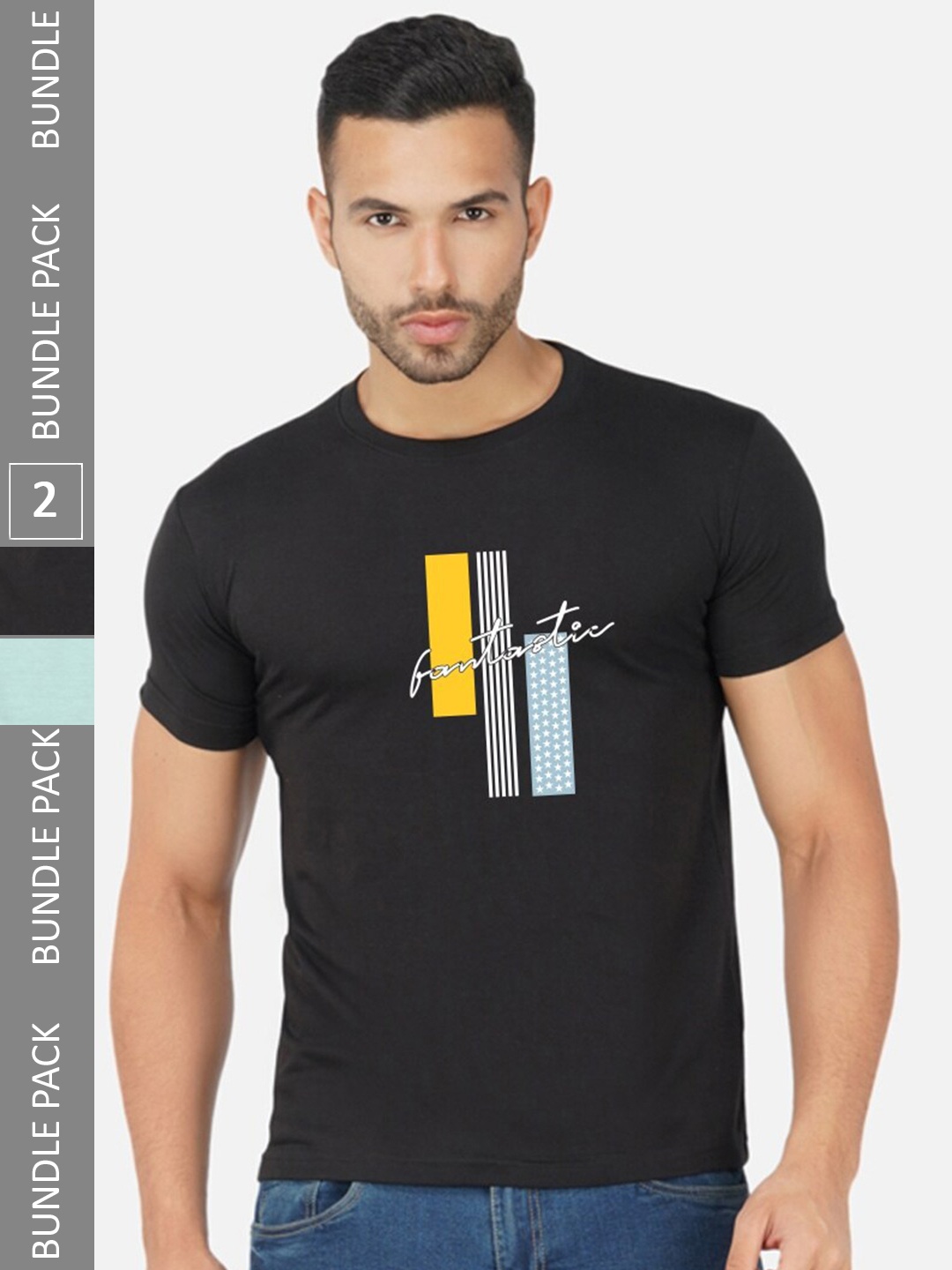 

CHOZI Pack Of 2 Graphic Printed Regular Fit Cotton Casual T-shirt, Black