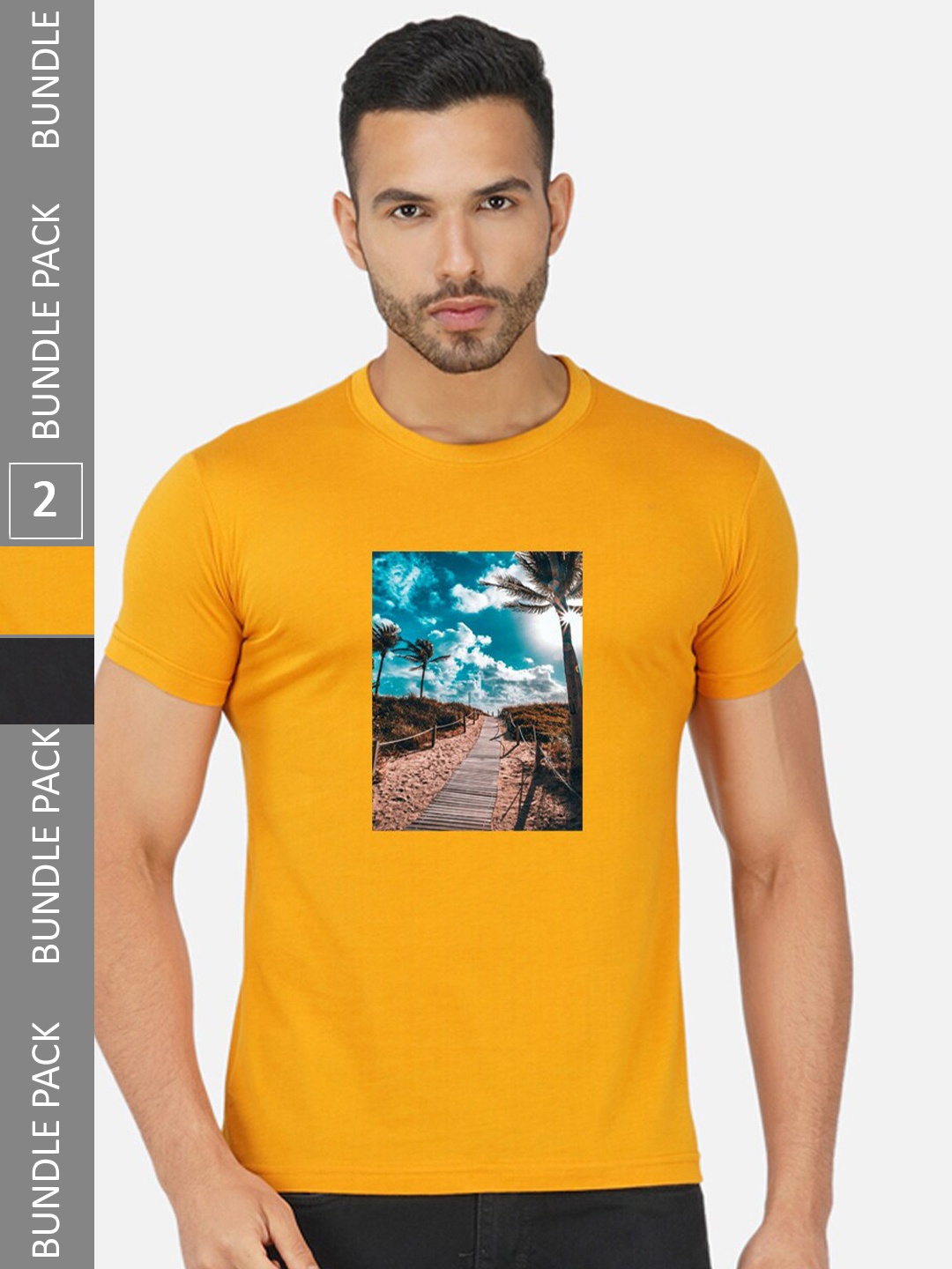 

CHOZI Pack Of 2 Graphic Printed Regular Fit Cotton Casual T-shirt, Mustard