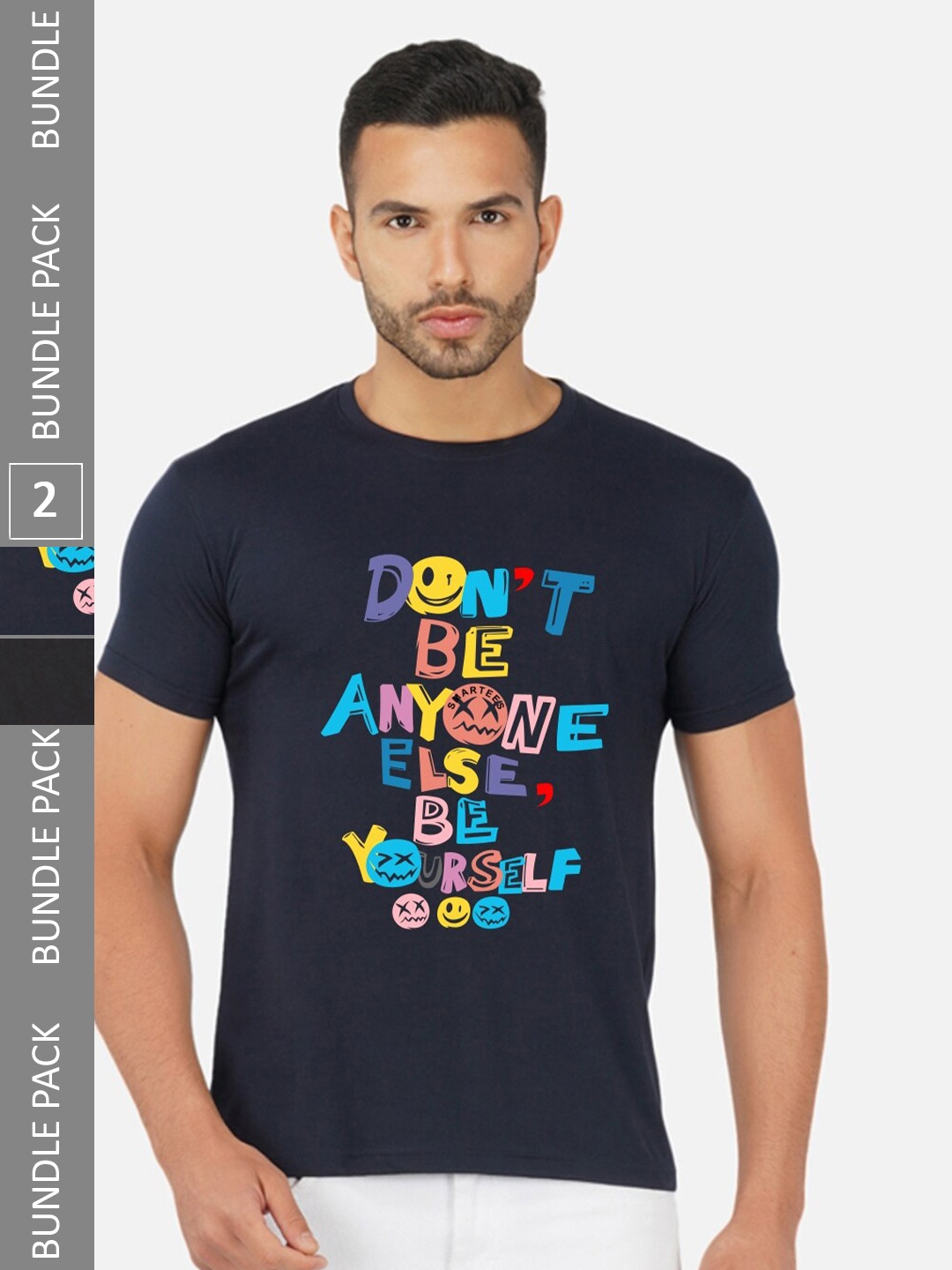 

CHOZI Pack Of 2 Graphic Printed Regular Fit Cotton Casual T-shirt, Navy blue