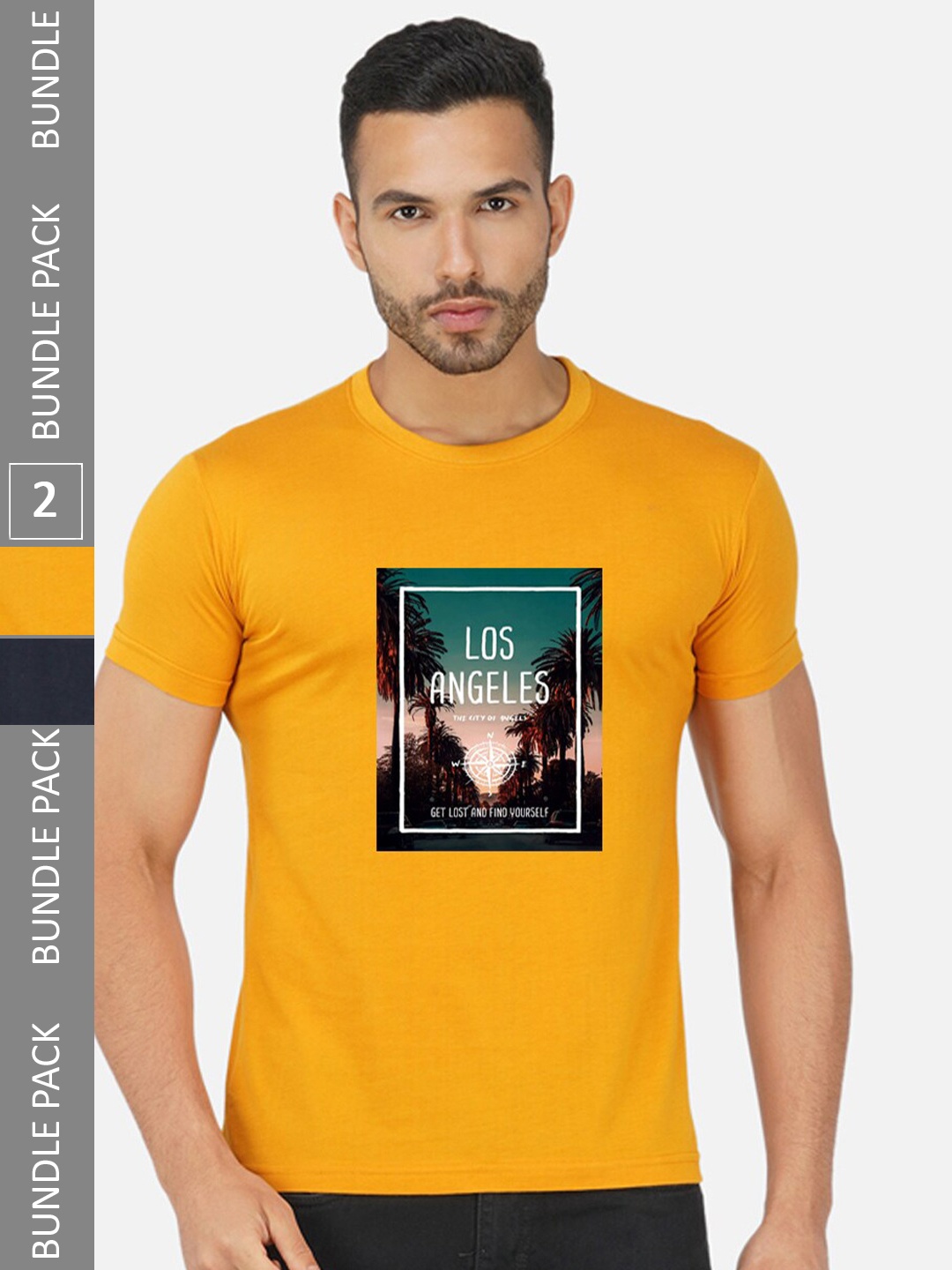

CHOZI Pack Of 2 Graphic Printed Regular Fit Cotton Casual T-shirt, Mustard