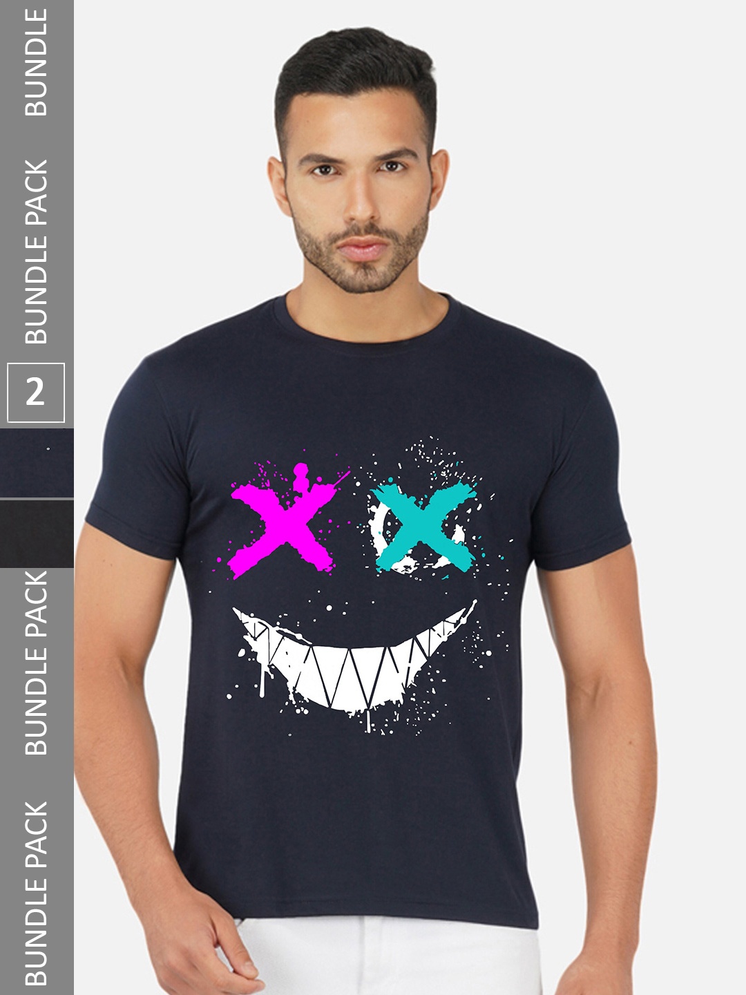 

CHOZI Pack Of 2 Graphic Printed Regular Fit Cotton Casual T-shirt, Navy blue