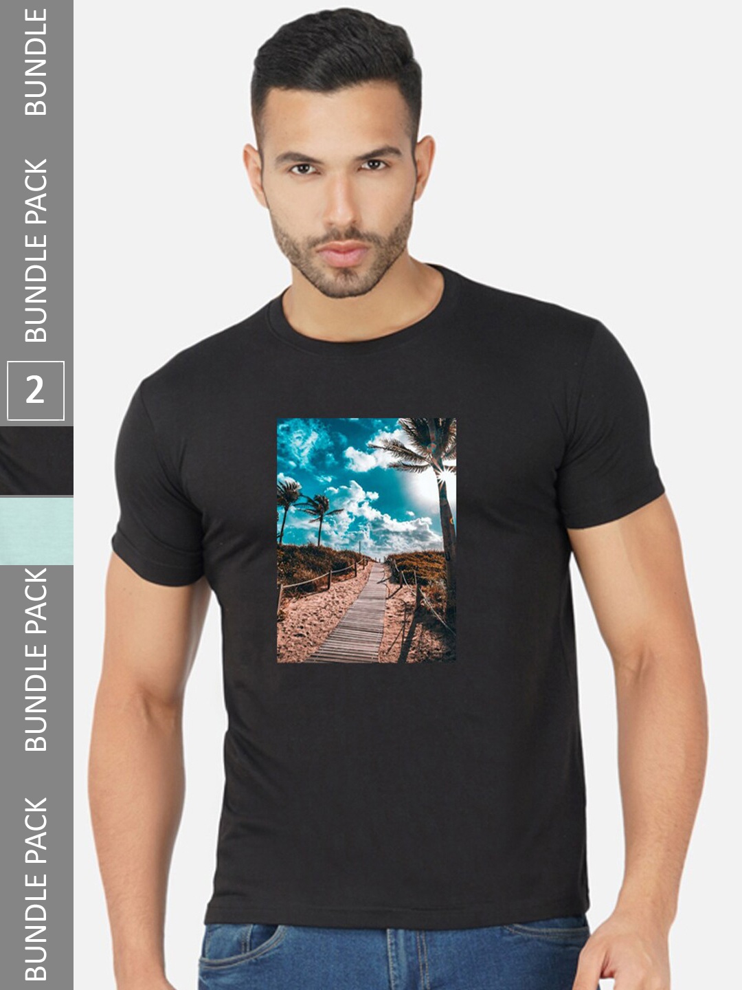 

CHOZI Pack Of 2 Graphic Printed Regular Fit Cotton Casual T-shirt, Black