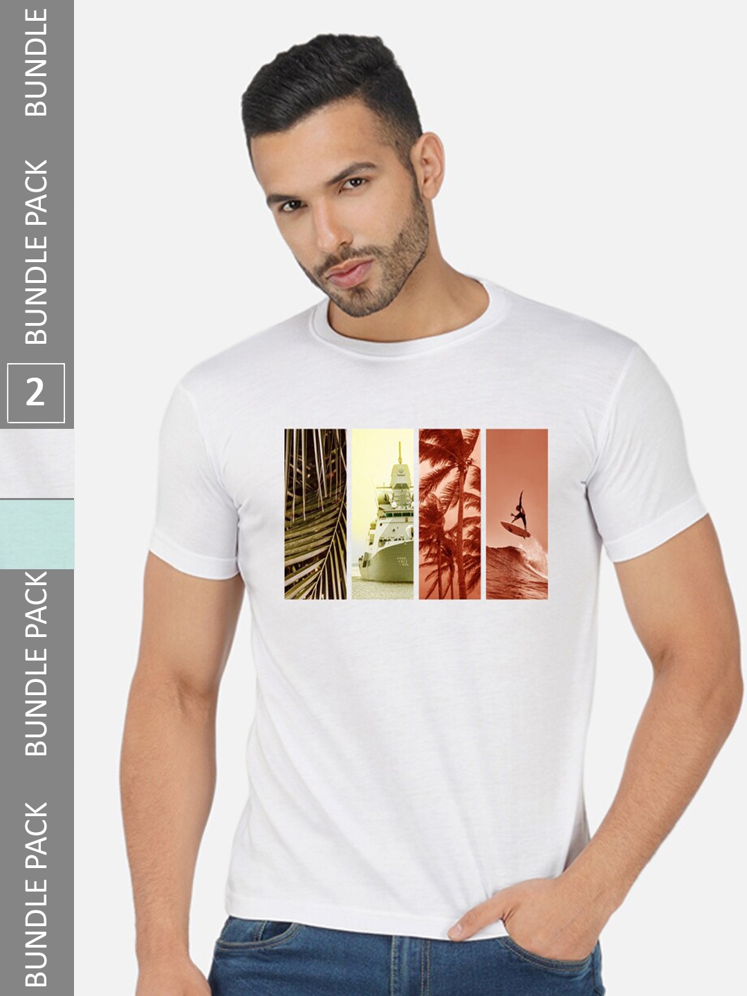 

CHOZI Pack of 2 Graphic Printed Round Neck Regular Fit Cotton T-Shirt, White