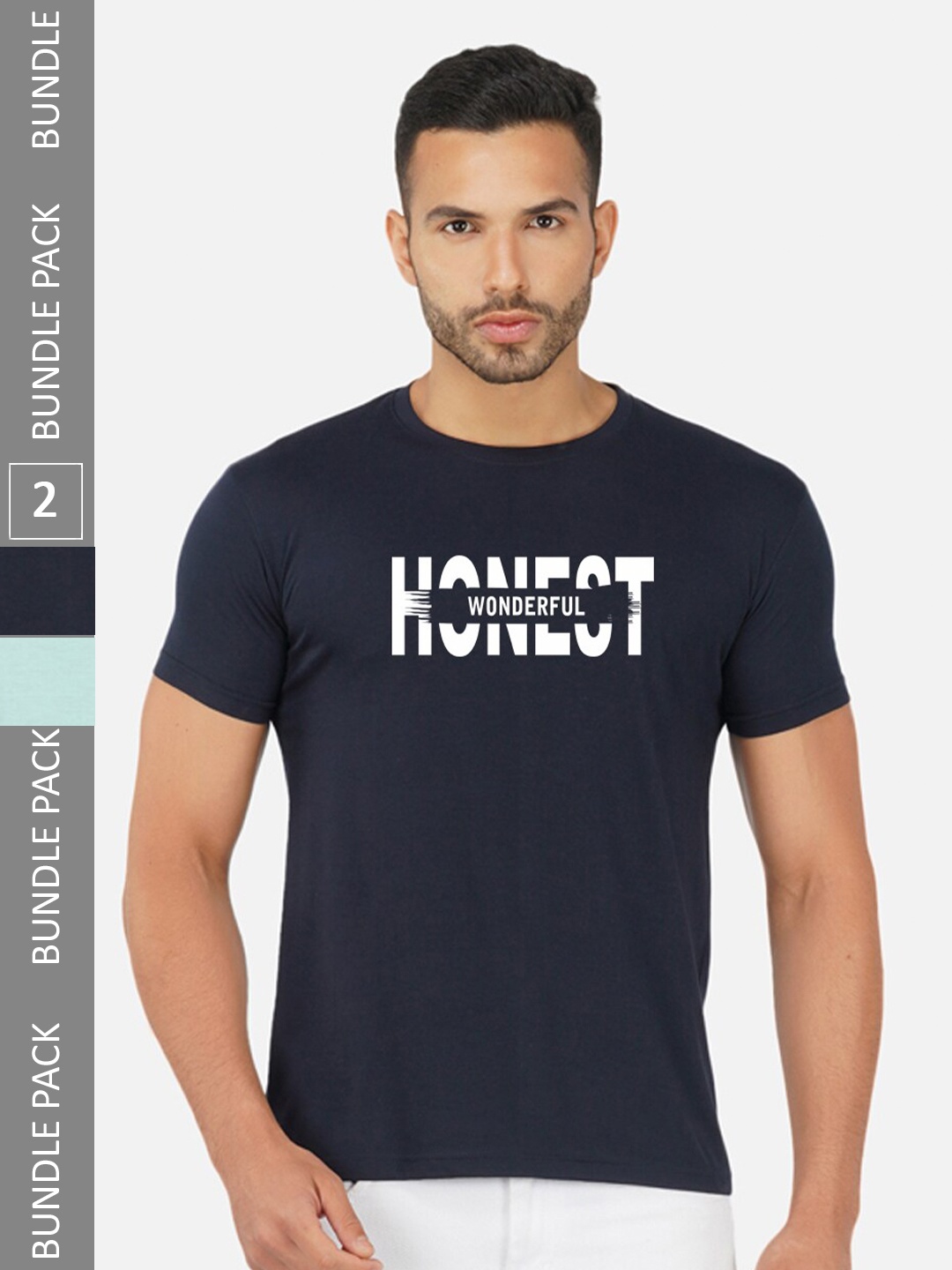 

CHOZI Pack of 2 Typography Printed Round Neck Regular Fit Cotton T-Shirt, Navy blue