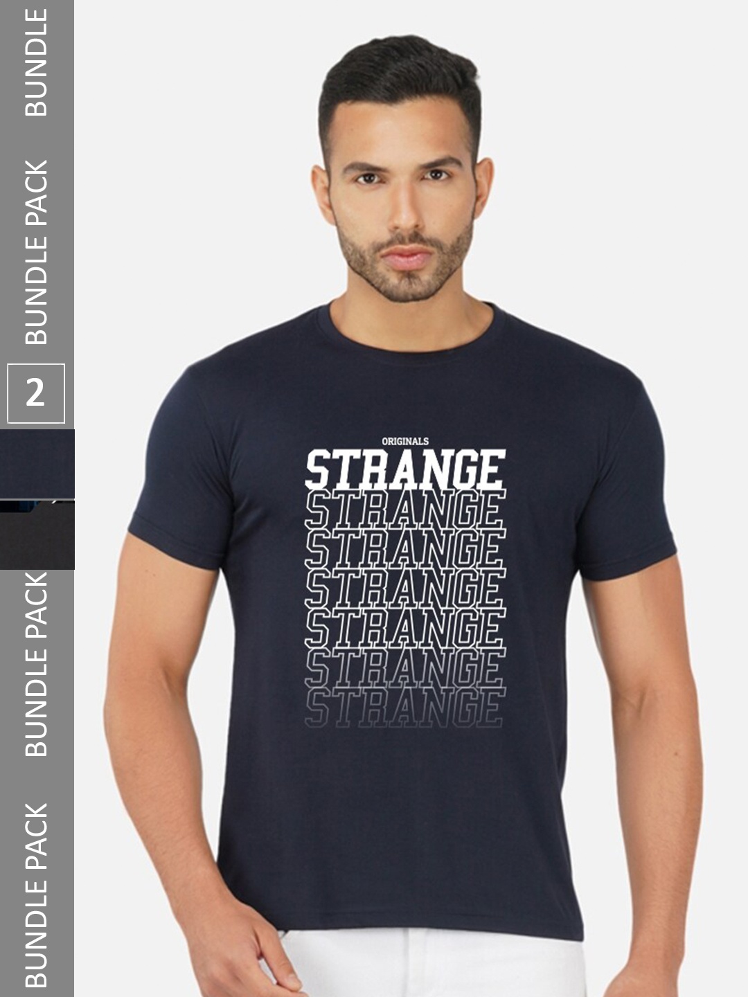 

CHOZI Pack of 2 Typography Printed Round Neck Regular Fit Cotton T-Shirt, Navy blue
