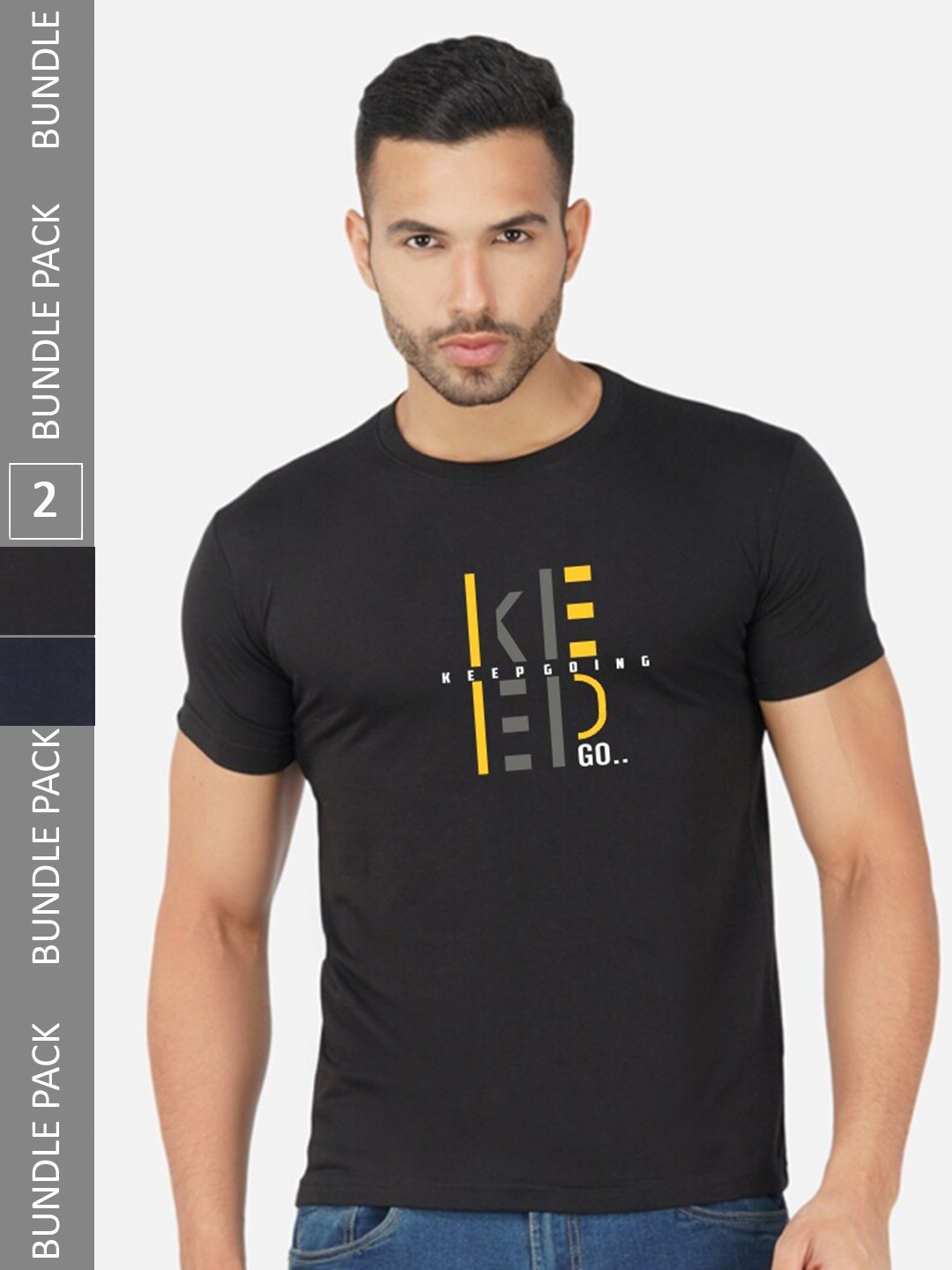 

CHOZI Pack of 2 Typography Printed Round Neck Regular Fit Cotton T-Shirt, Black