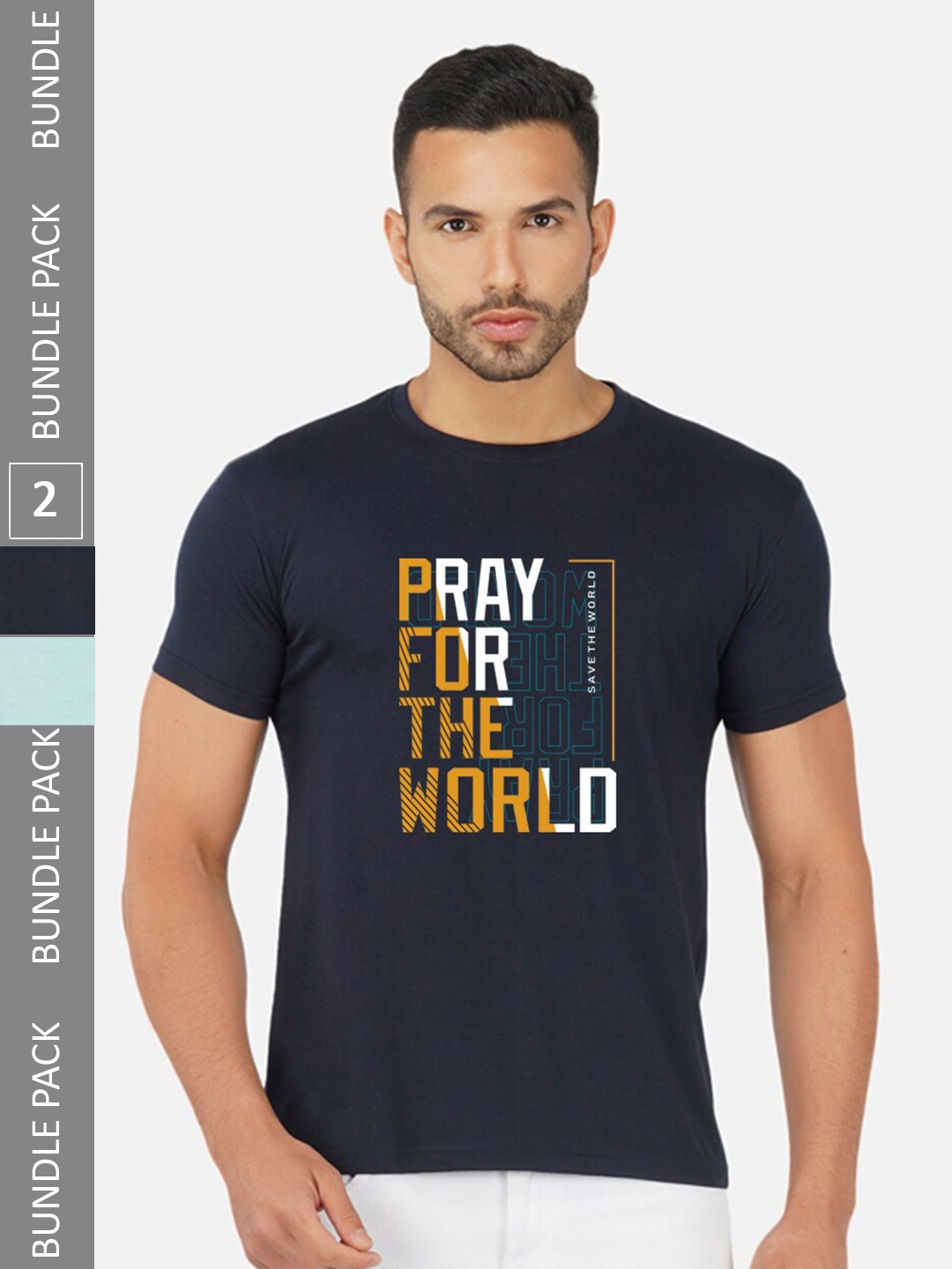

CHOZI Pack Of 2 Typography Printed Cotton T-shirts, Navy blue