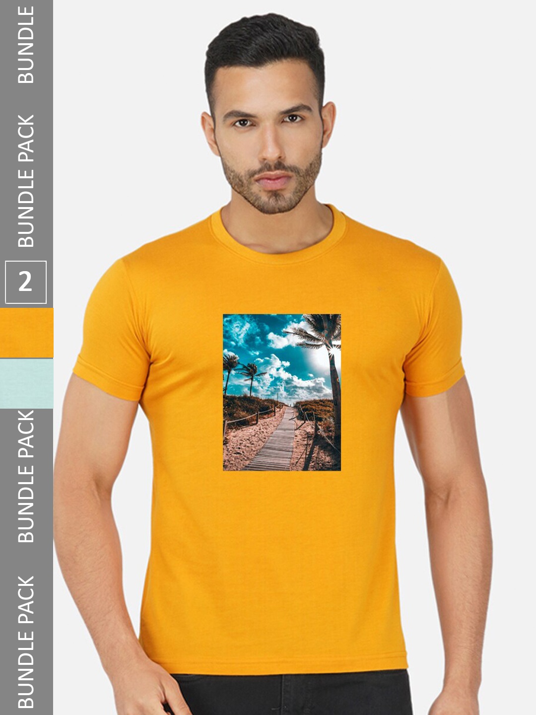 

CHOZI Pack Of 2 Graphic Printed Round Neck Cotton Regular T-shirt, Mustard