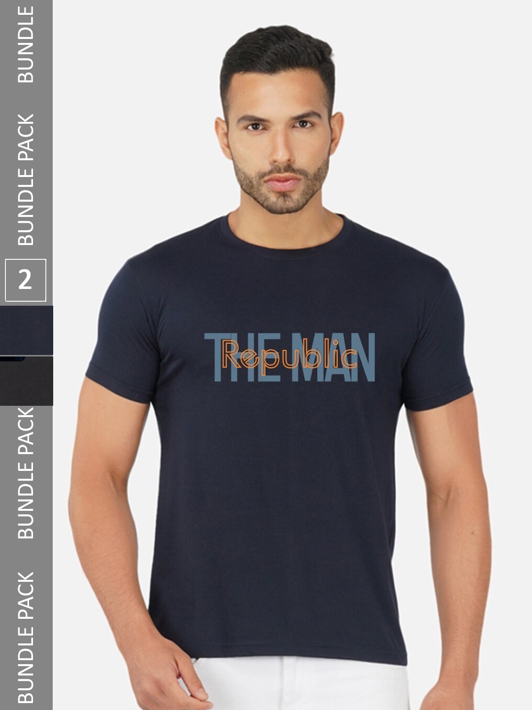 CHOZI Pack Of 2 Printed Round Neck Cotton Regular T-shirt, Navy blue