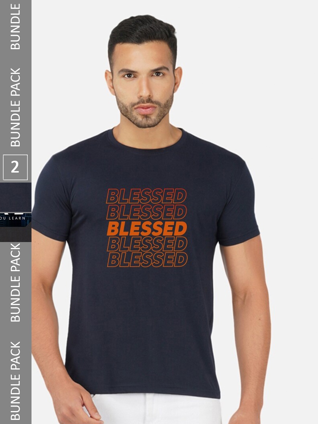 CHOZI Pack Of 2 Typography Printed Cotton T-shirt, Navy blue