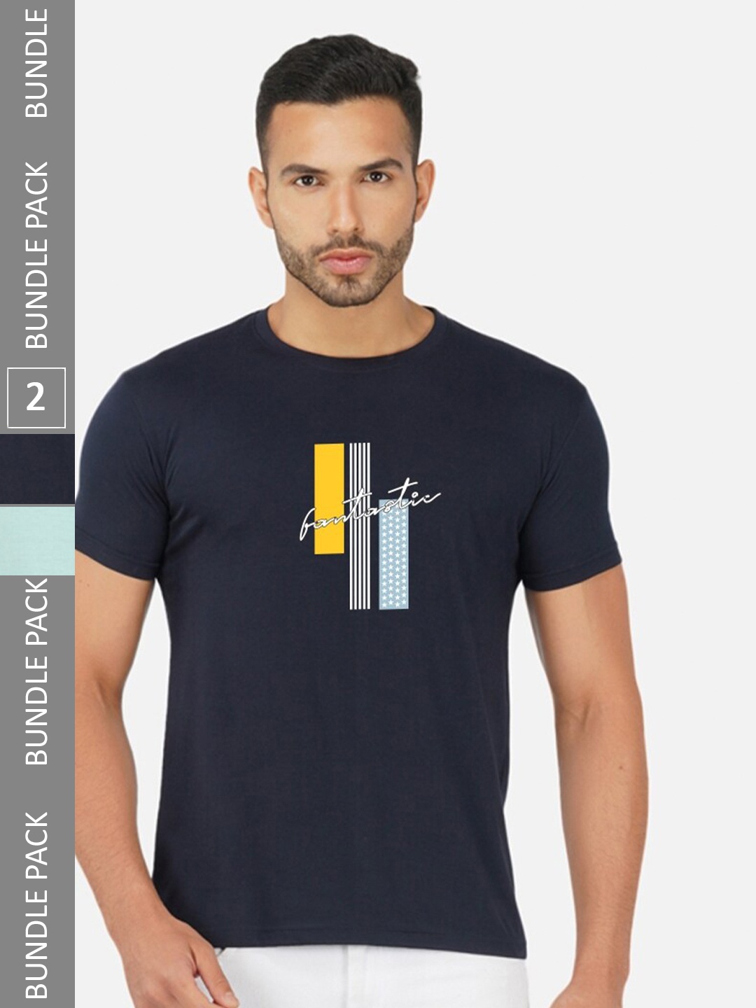 

CHOZI Pack Of 2 Typography Printed Cotton T-shirt, Navy blue