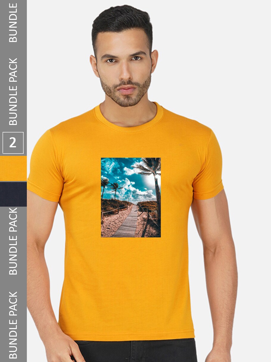 

CHOZI Pack Of 2 Graphic Printed Cotton T-shirt, Mustard