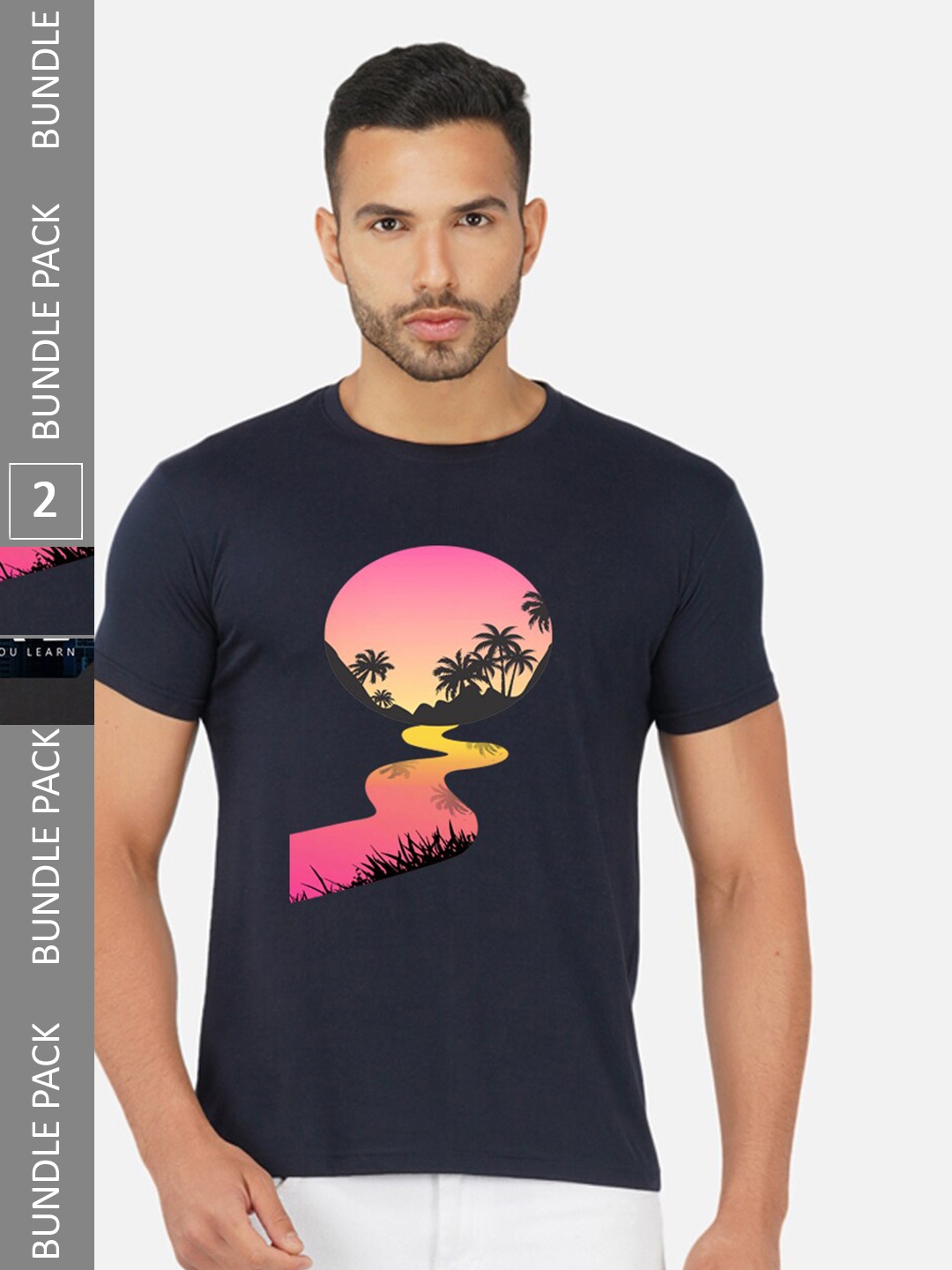 

CHOZI Pack Of 2 Graphic Printed Cotton T-shirt, Navy blue