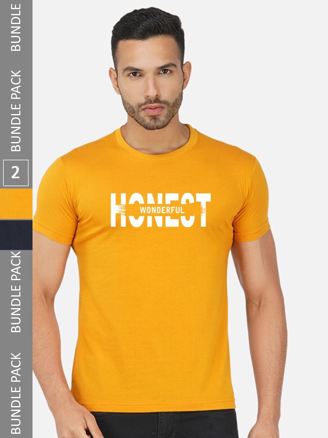 CHOZI Pack Of 2 Typography Printed Cotton T-shirt, Mustard