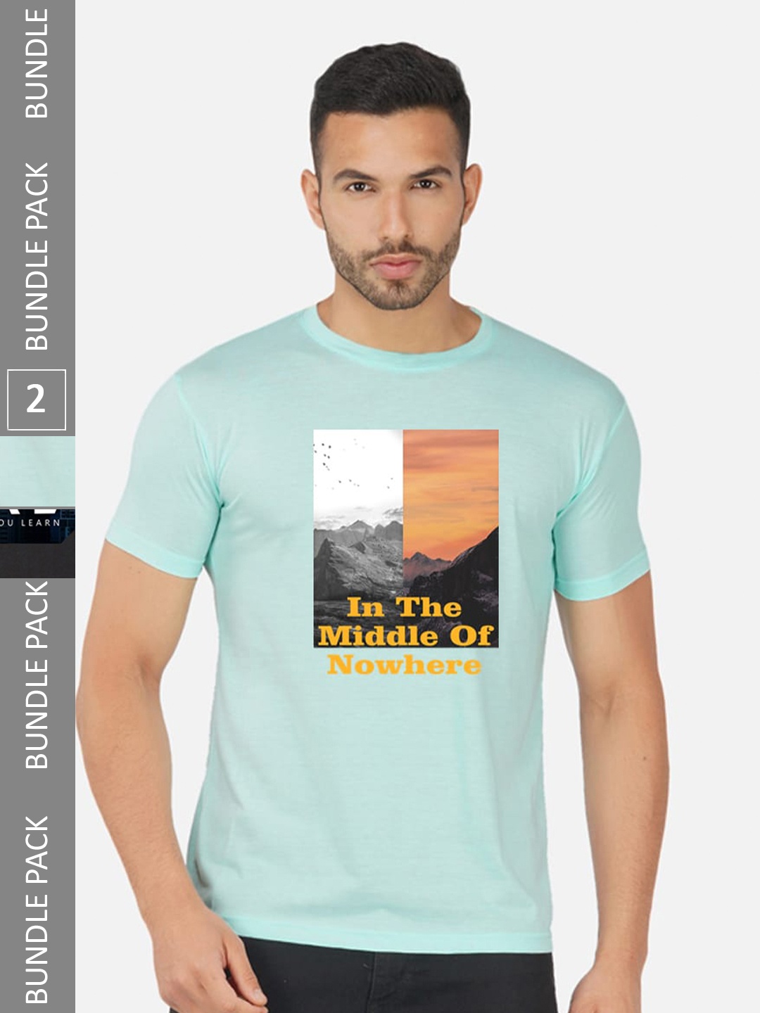 CHOZI Pack Of 2 Typography Printed Round Neck Cotton T-shirts, Turquoise blue