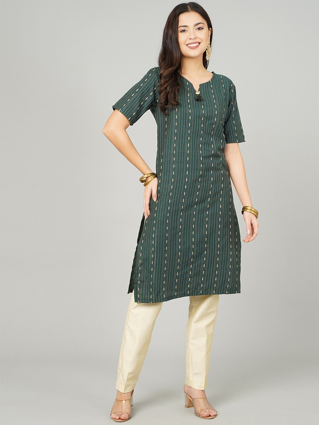 

KALINI Striped Notched Neck Cotton Dobby Kurta, Green