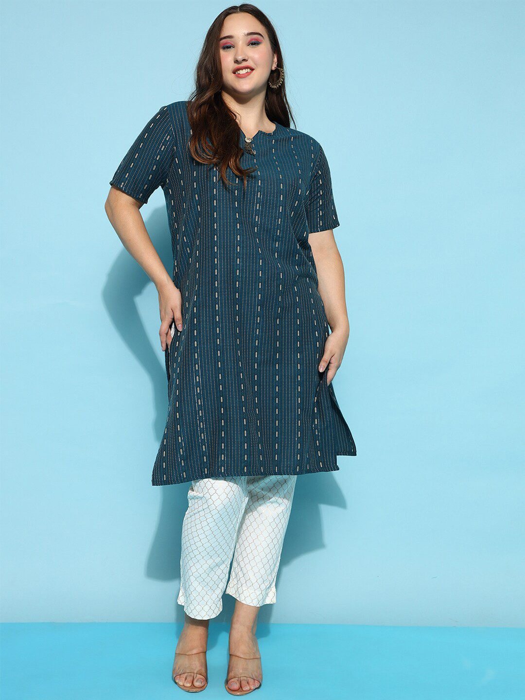 

KALINI Ethnic Motifs Woven Design Pure Cotton Kurta, Blue