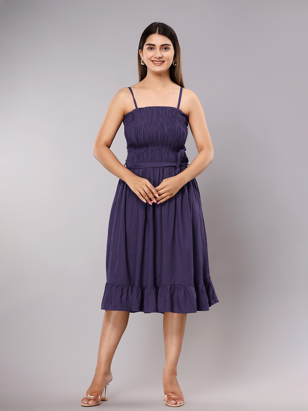 

Shedika Shoulder Straps Smocked Fit & Flare Dress, Navy blue