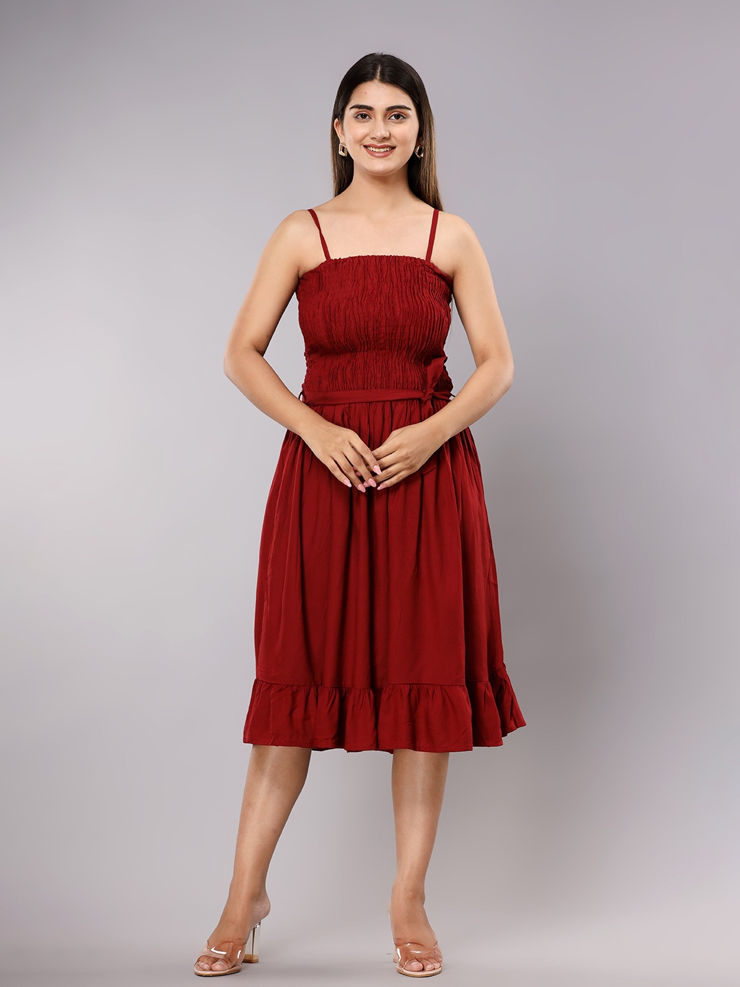 

Shedika Shoulder Straps Smocked Fit & Flare Dress, Maroon