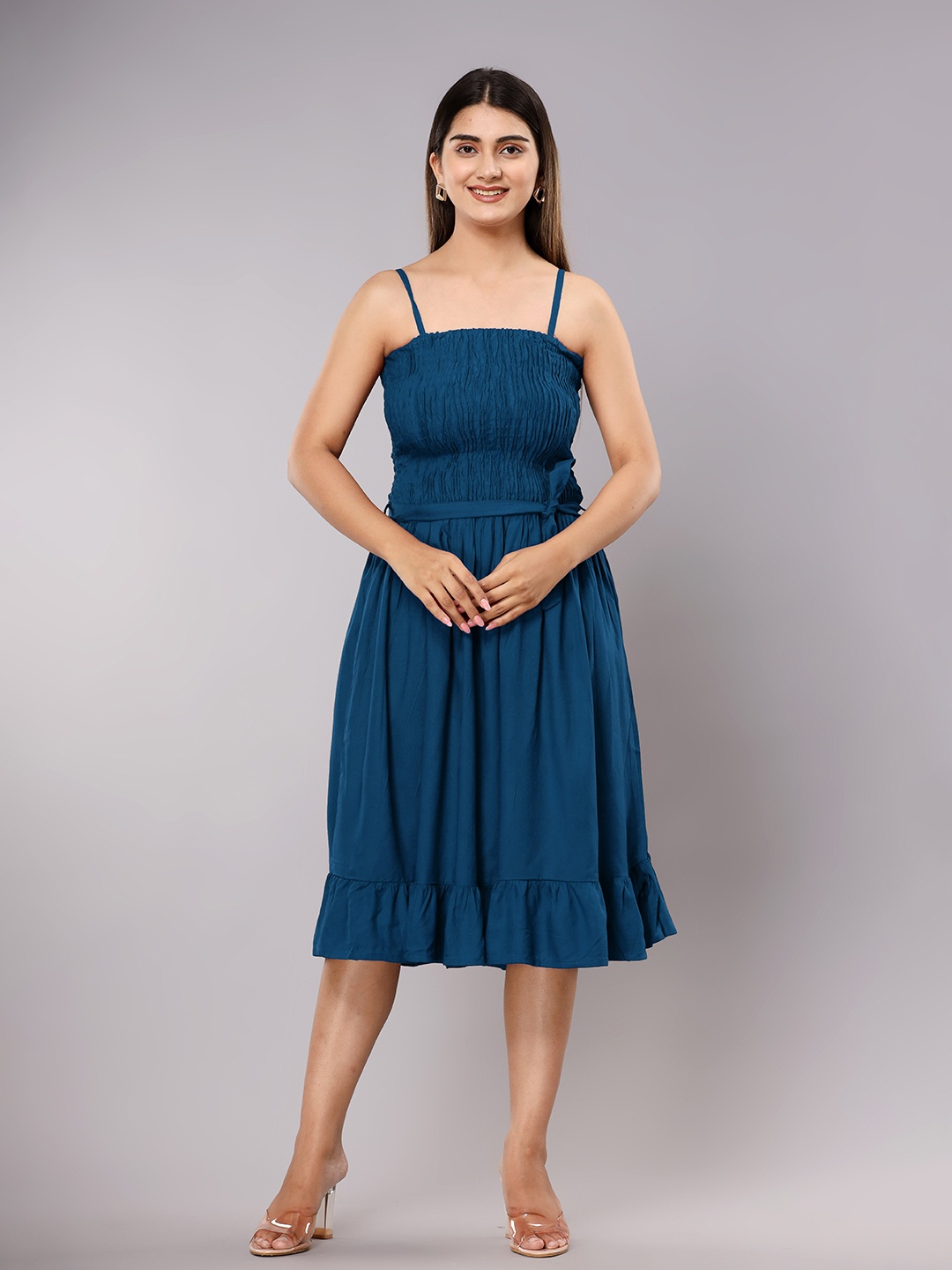 

Shedika Shoulder Straps Smocked Fit & Flare Midi Dress, Blue