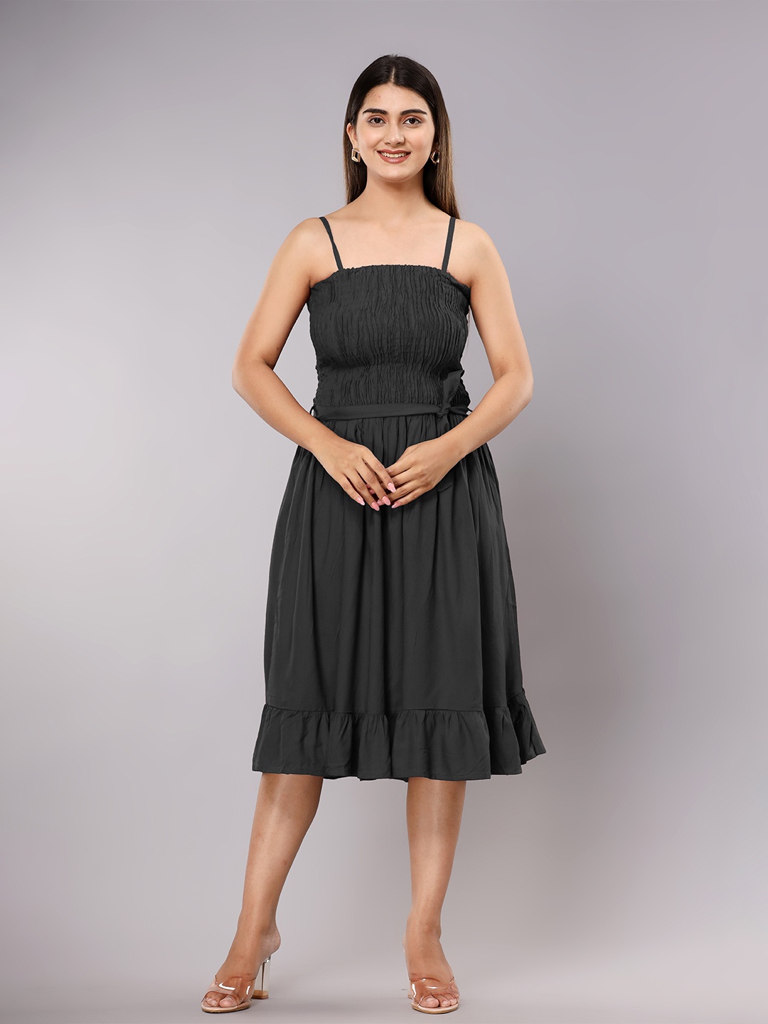 

Shedika Shoulder Straps Smocked Fit & Flare Dress, Black