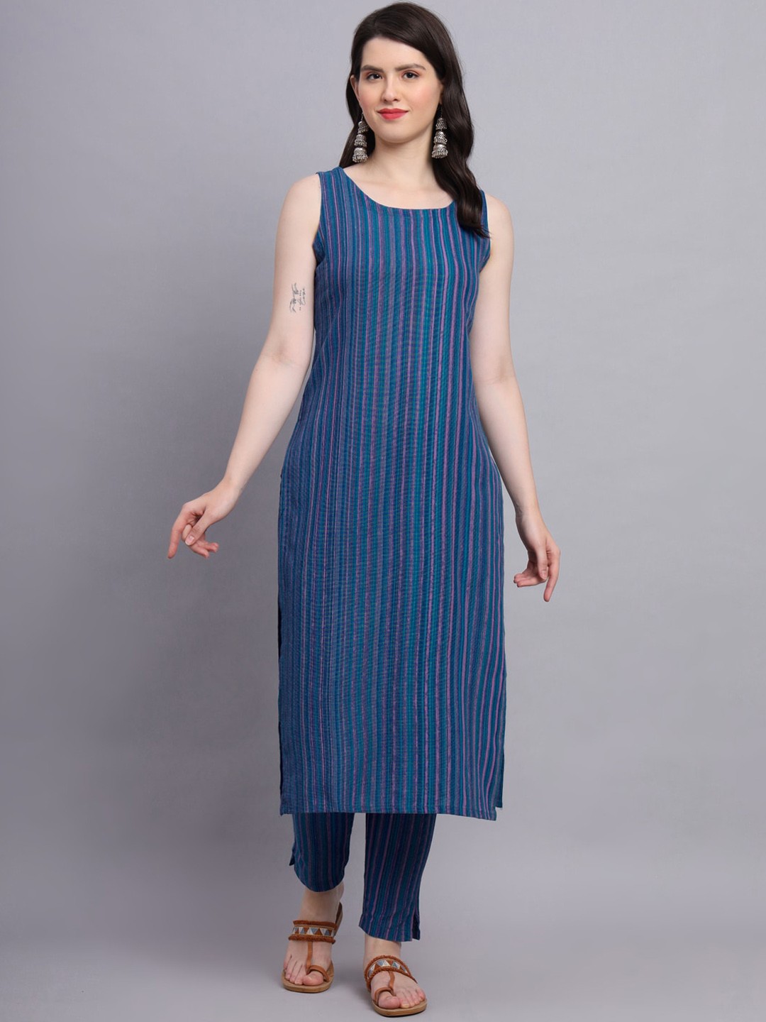 

KALINI Striped Jute Cotton Straight Kurta With Trousers, Turquoise blue