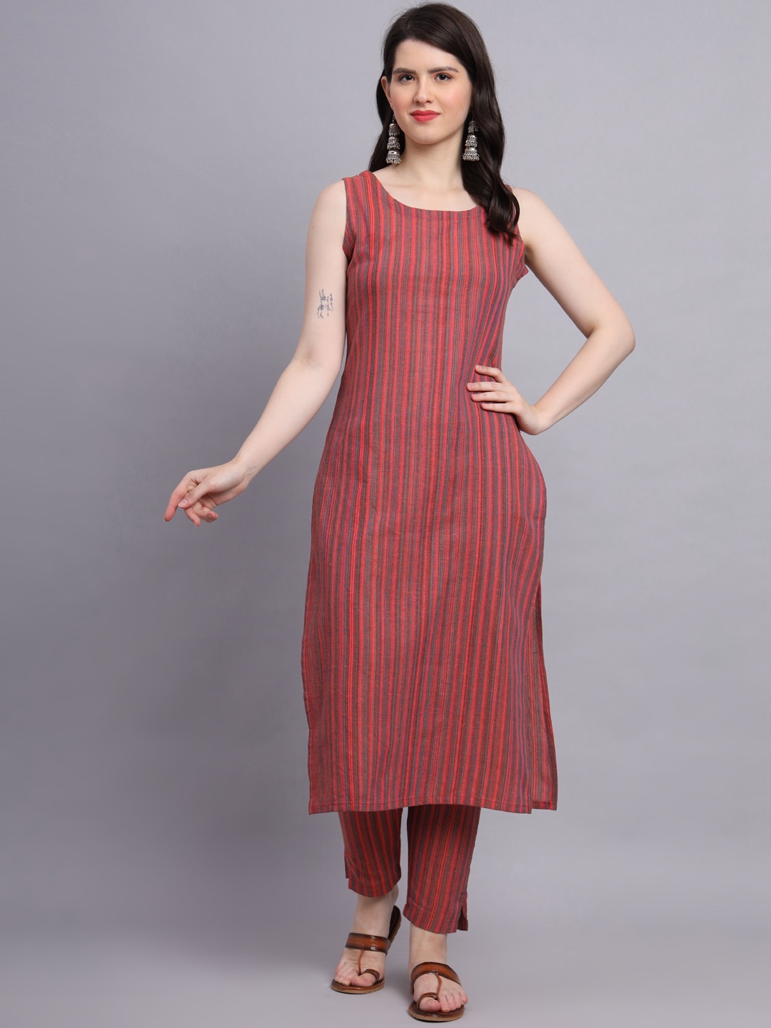 

KALINI Striped Jute Cotton Straight Kurta With Trousers, Peach