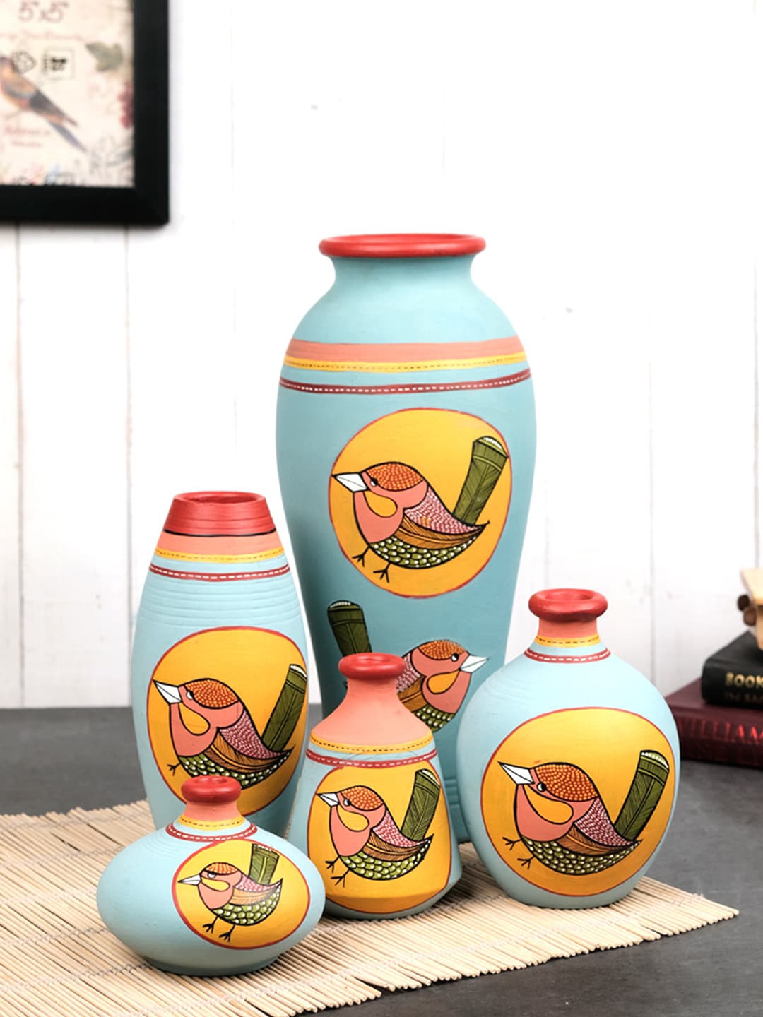 

VarEesha Chiraiya 5-Pcs Blue & Yellow Bird Printed Terracotta Vases