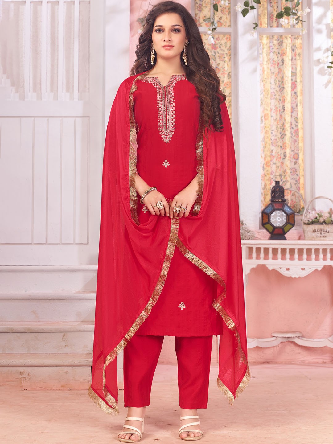 

KALINI Floral Embroidered Sequinned Kurta With Trousers & Dupatta, Red