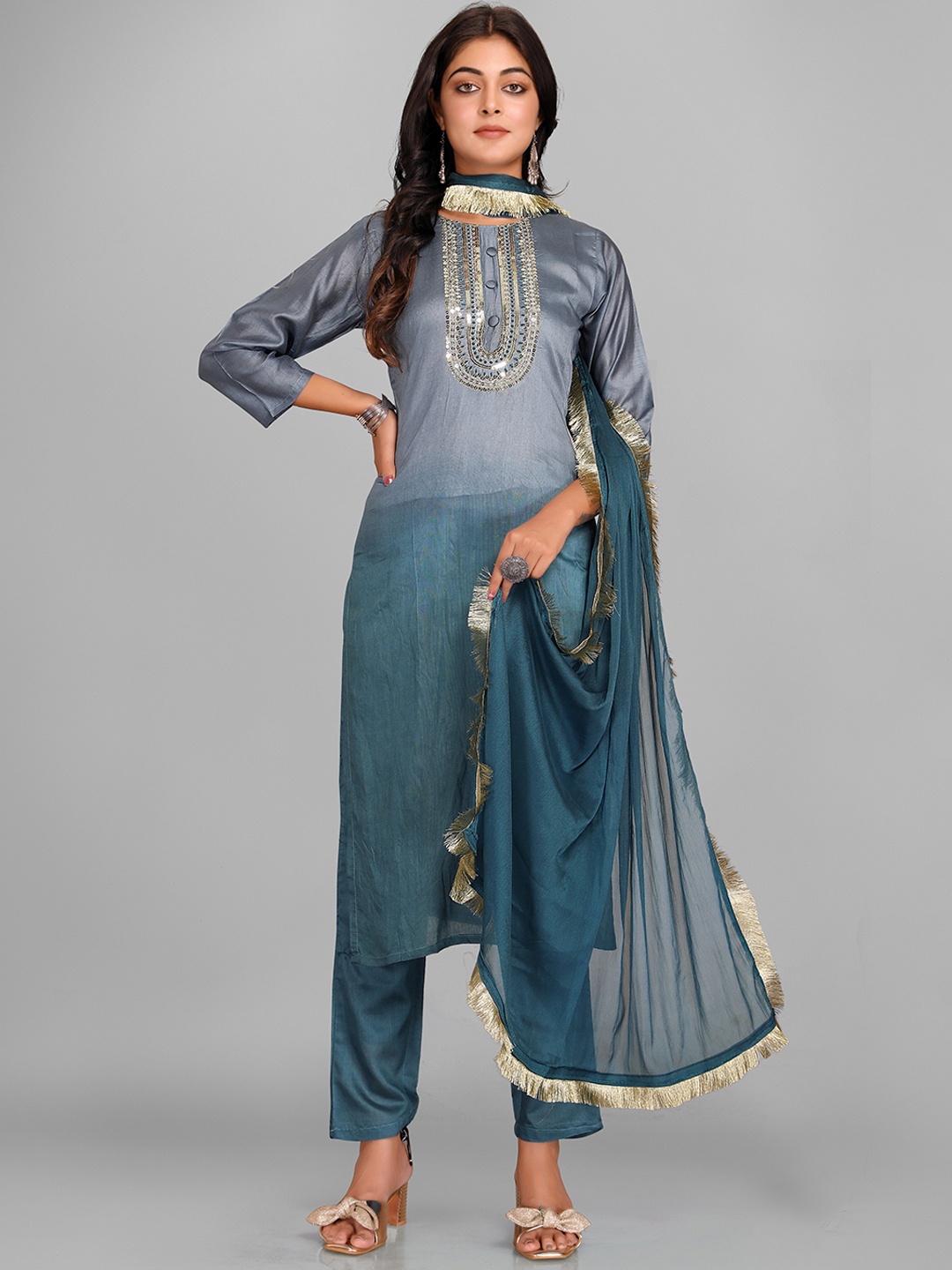 

KALINI Floral Yoke Design Regular Sequined Chanderi Cotton Kurta With Trousers & Dupatta, Grey