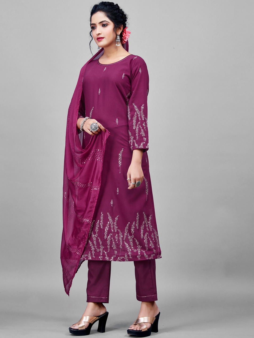

KALINI Floral Embroidered Regular Sequined Kurta With Trousers & Dupatta, Purple