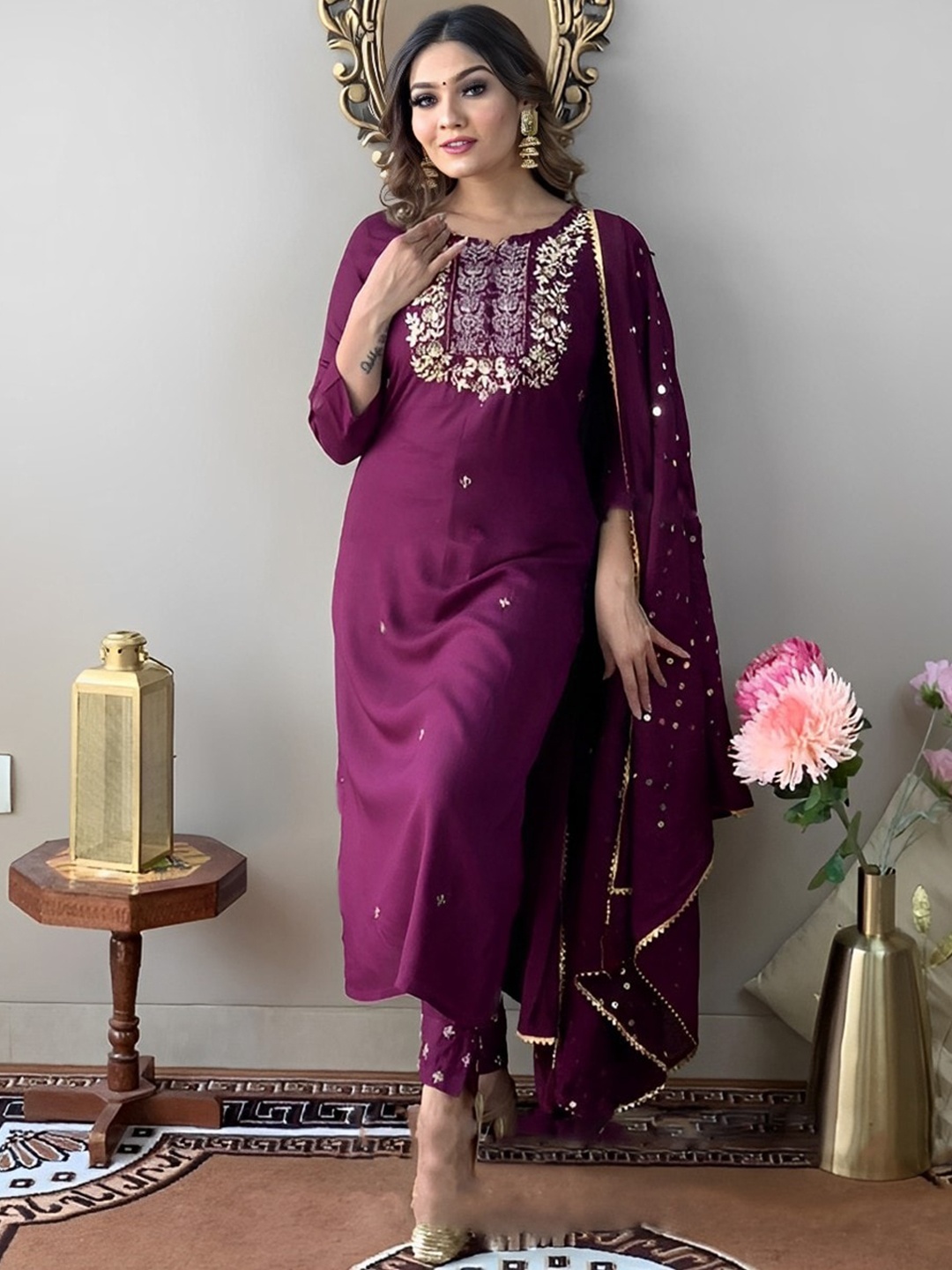 

KALINI Floral Yoke Design Regular Sequined Kurta With Trousers & Dupatta, Purple