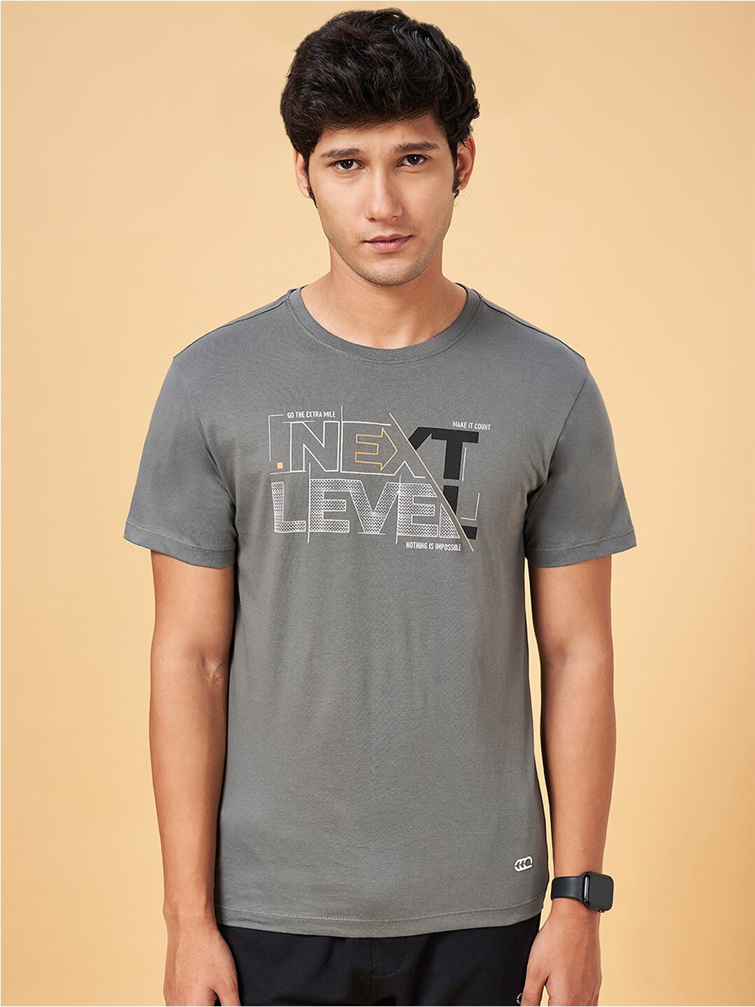 

Ajile by Pantaloons Typography Printed Round Neck Cotton Slim Fit T-shirt, Grey