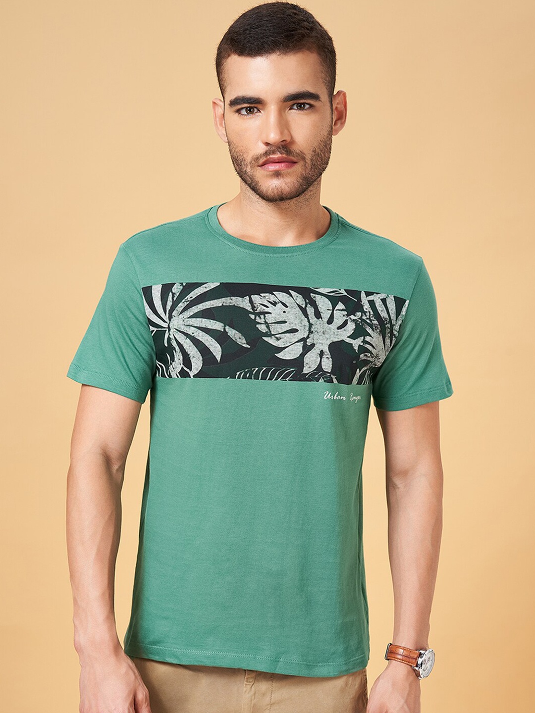 

Urban Ranger by pantaloons Graphic Printed Cotton Slim Fit T-shirt, Green