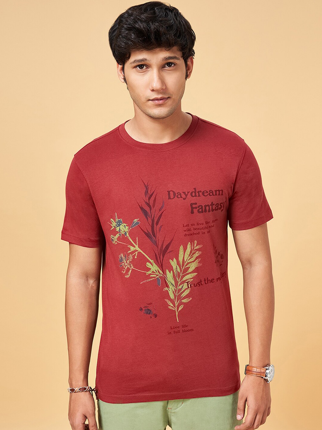 

Urban Ranger by pantaloons Floral Printed Cotton Slim Fit T-shirt, Rust