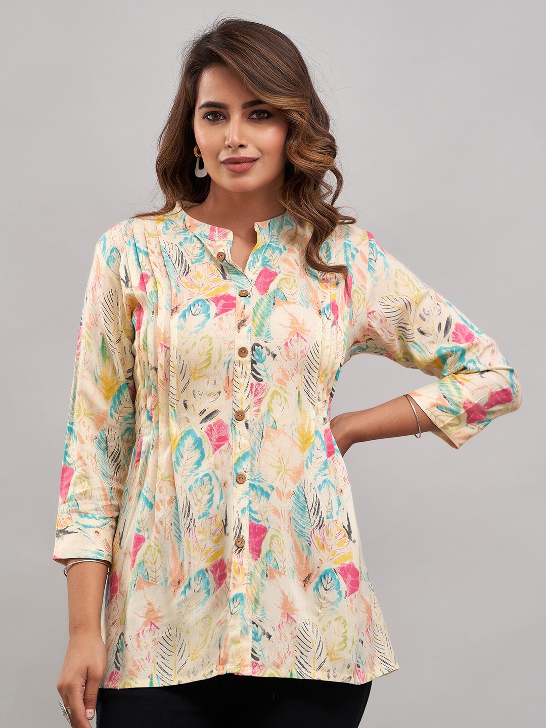 

Shedika Floral Printed Mandarin Collar Top, Beige