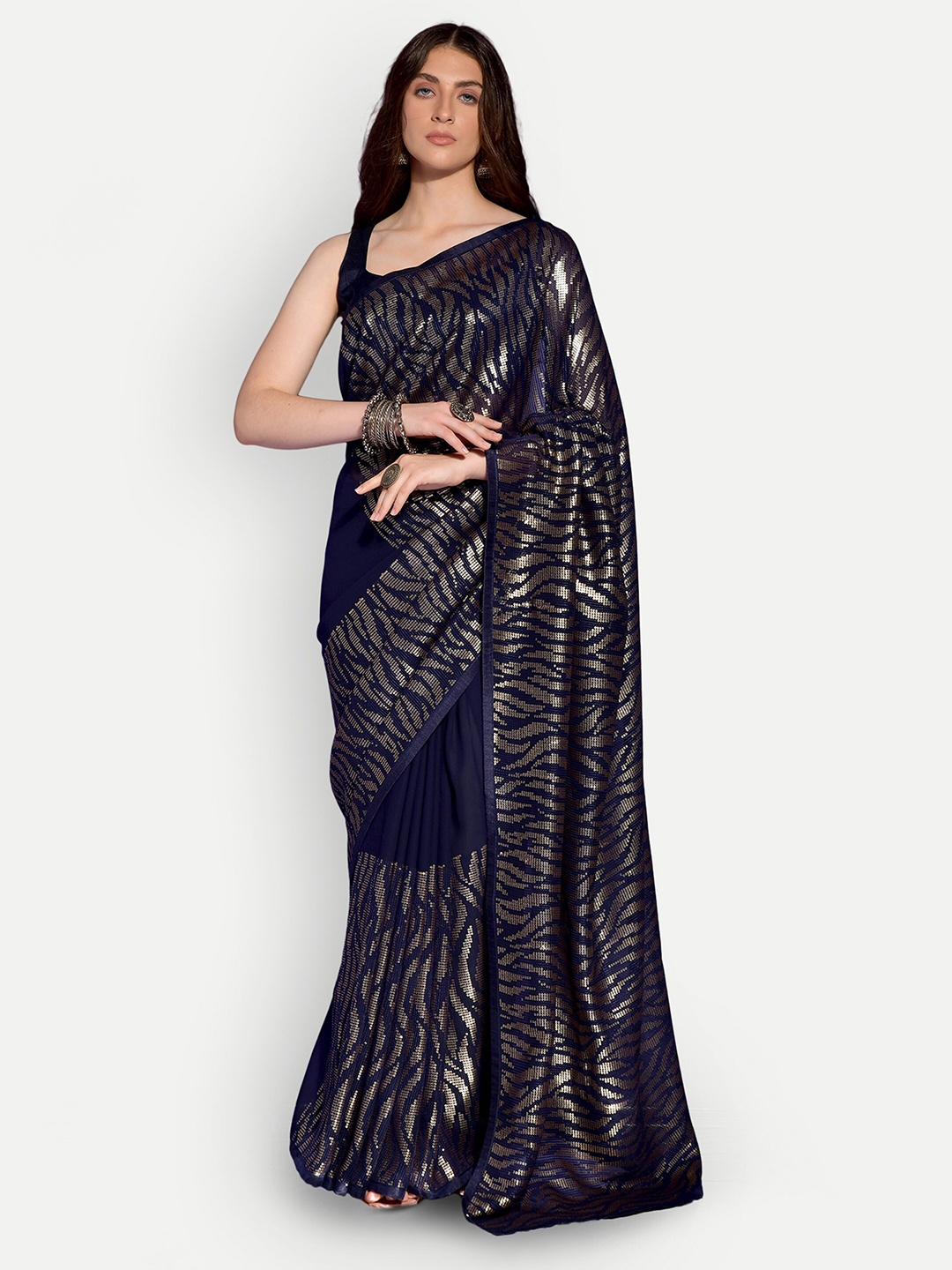 

DWIZA ENTERPRISE Embellished Embroidered Sequined Pure Georgette Saree, Blue