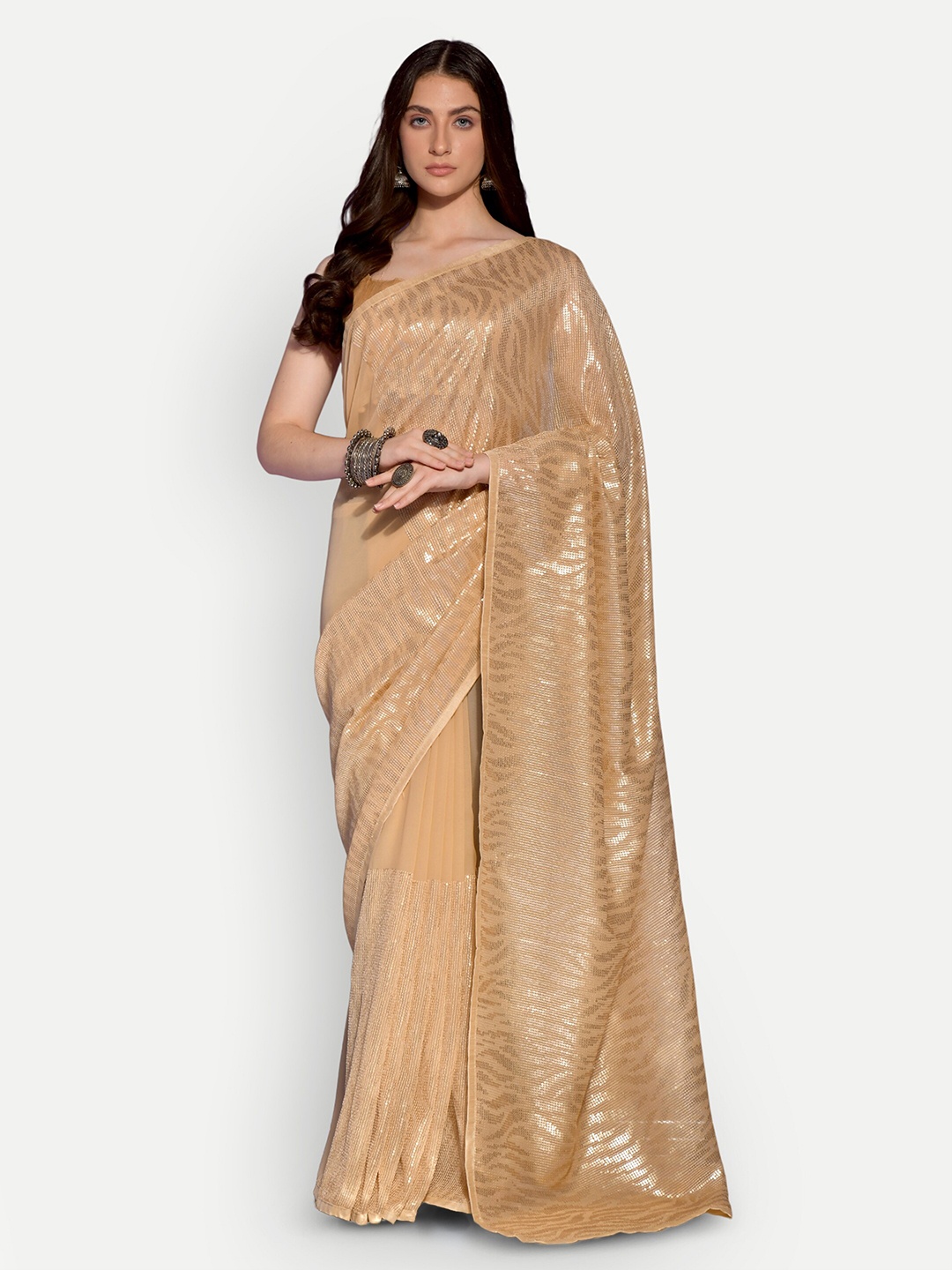 

DWIZA ENTERPRISE Embellished Embroidered Sequined Pure Georgette Saree, Beige