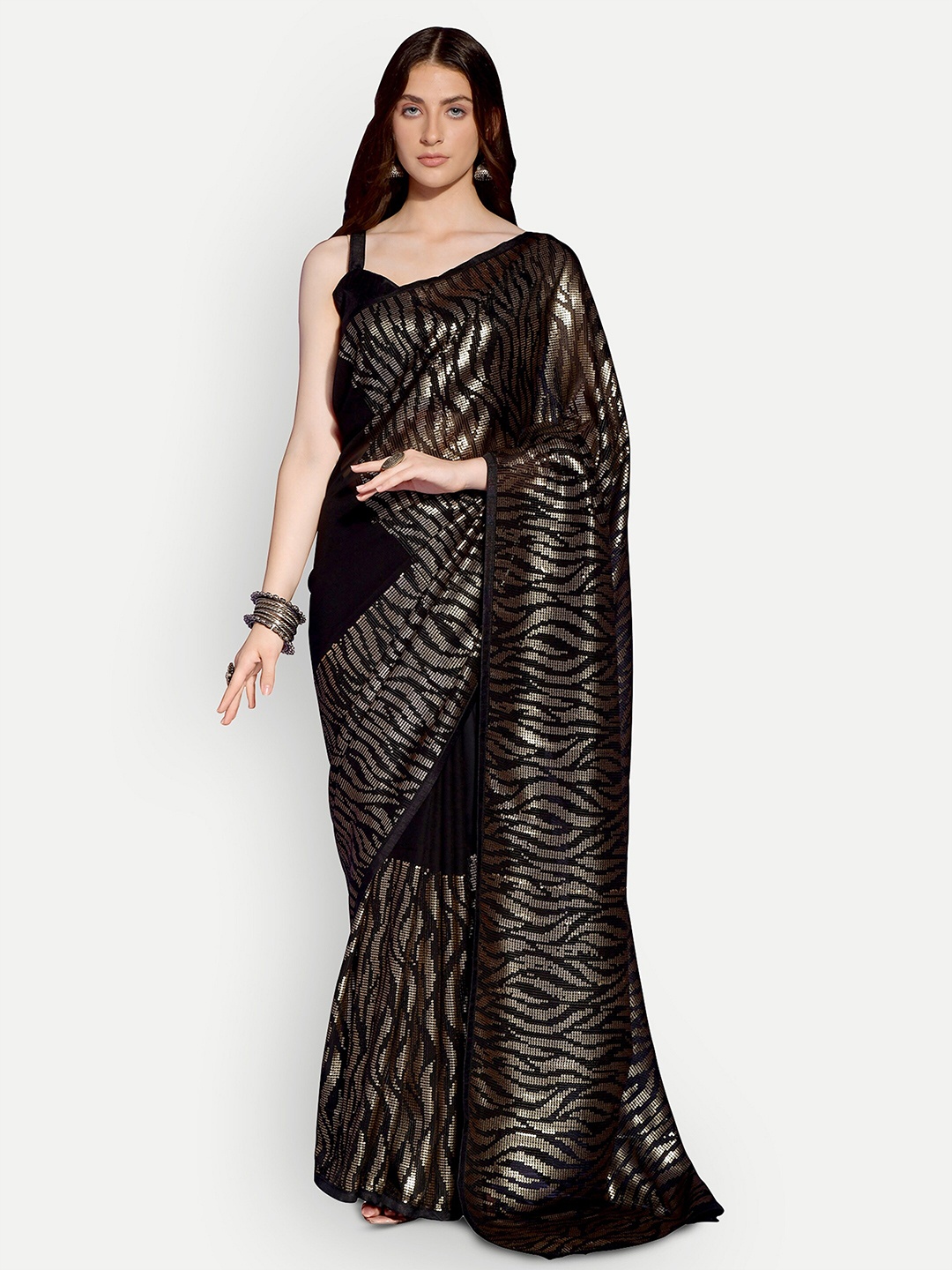 

DWIZA ENTERPRISE Embellished Embroidered Sequined Pure Georgette Saree, Black