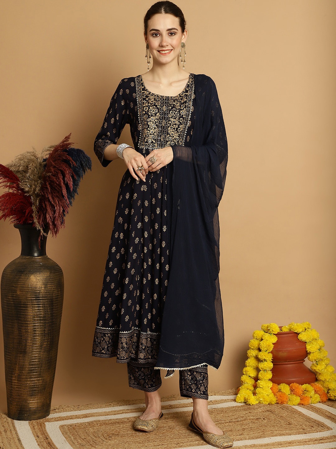 

Sangria Black Ethnic Motifs Printed Mirror Work Anarkali Kurta & Trouser With Dupatta