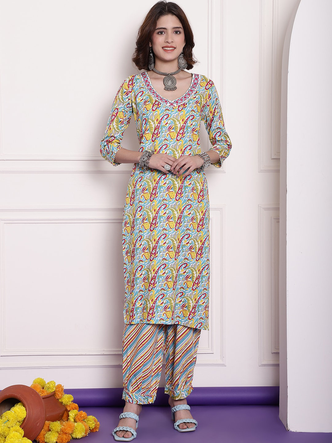 

Sangria Turquoise Blue Paisley Printed Thread & Mirror Work Straight Kurta With Salwar