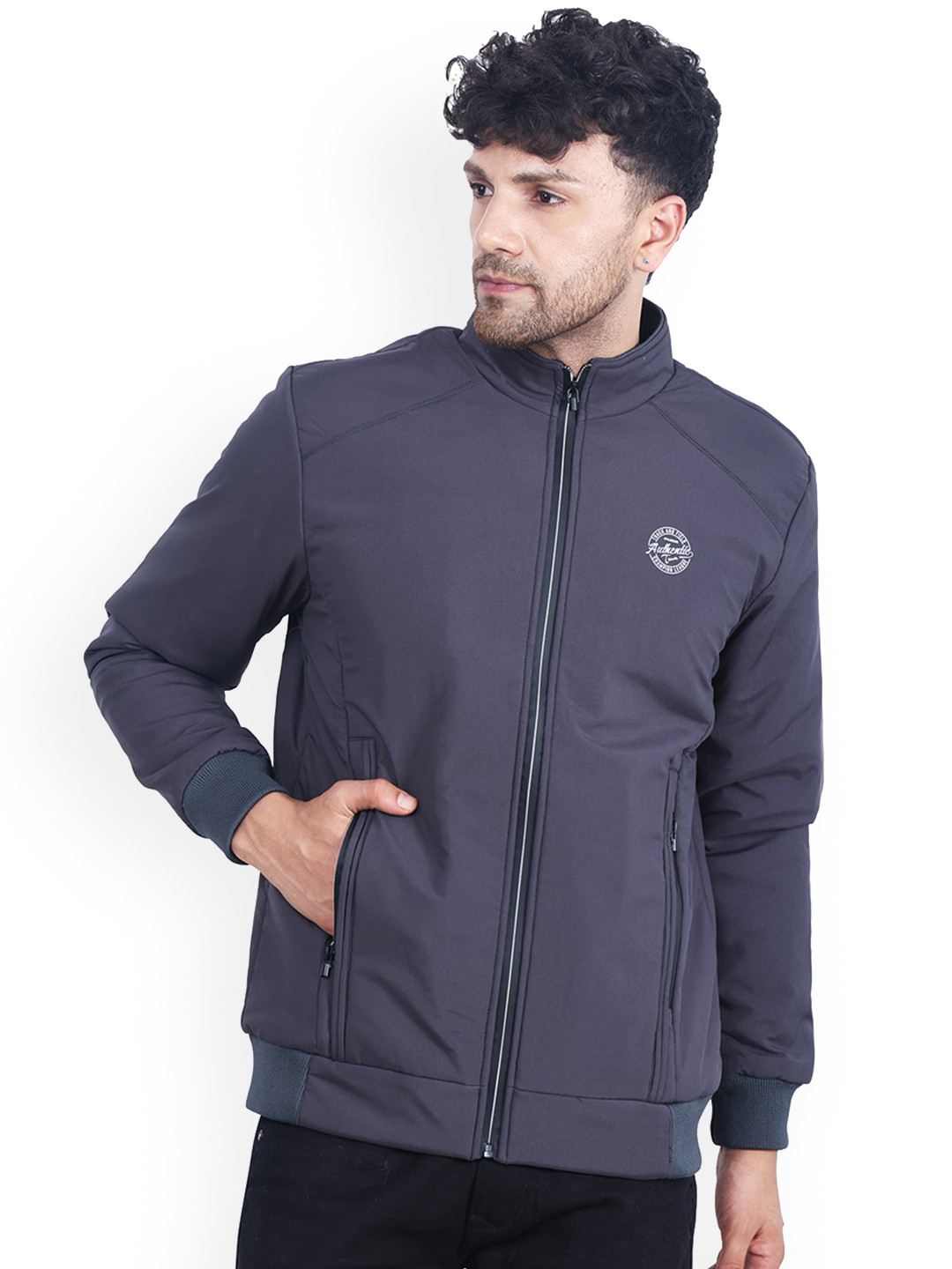 

Dollar Socks Mock Collar Lightweight Bomber Jacket, Grey