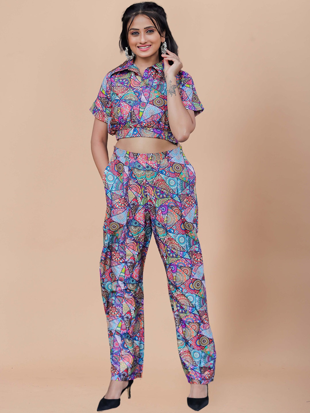 

SIDYAL Printed Shirt-Collar Crop Top With Printed Trouser Co-Ords, Purple