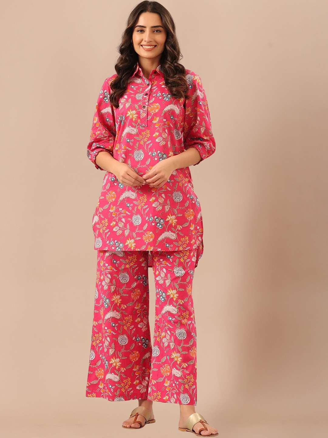 

SIDYAL Printed Shirt Collar Three-Quarter Sleeves Kurta Set, Pink