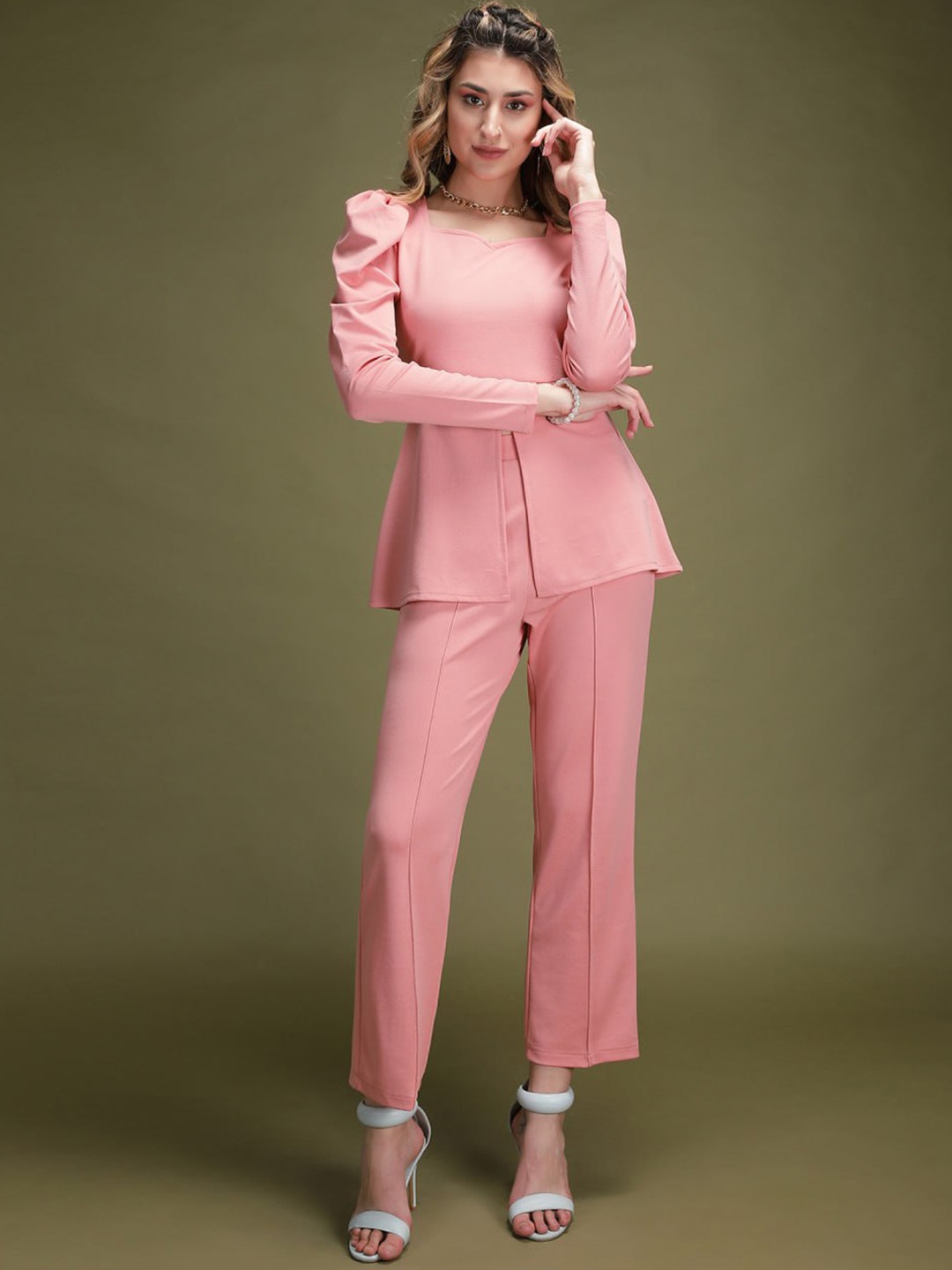 

SIDYAL Sweetheart Neck Puff Sleeve Co-Ords, Peach