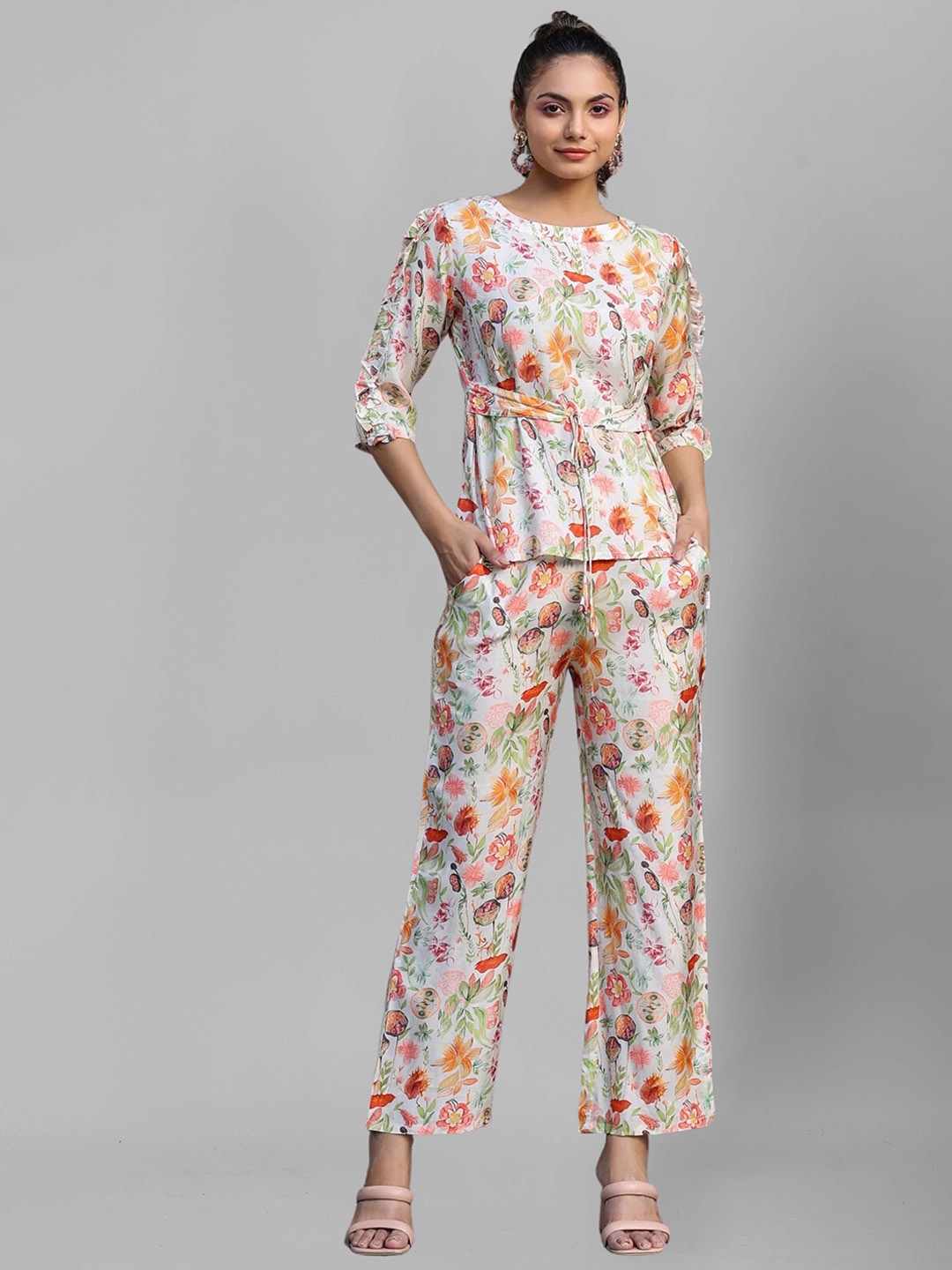 

SIDYAL Floral Printed Round Neck Three-Quarter Sleeves Co-Ords, Peach