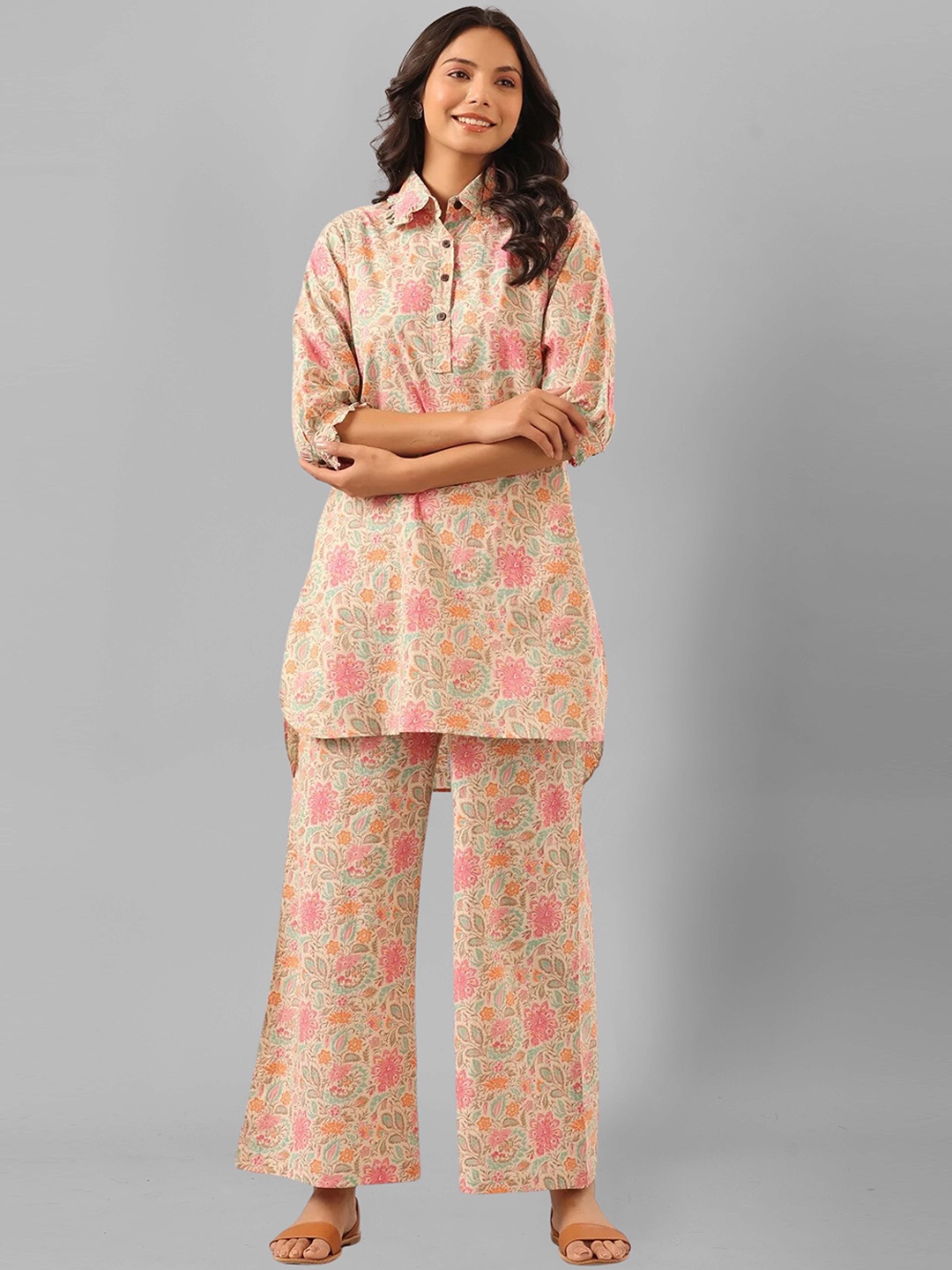 

SIDYAL Printed Shirt Collar Three-Quarter Sleeves Kurta Set, Cream