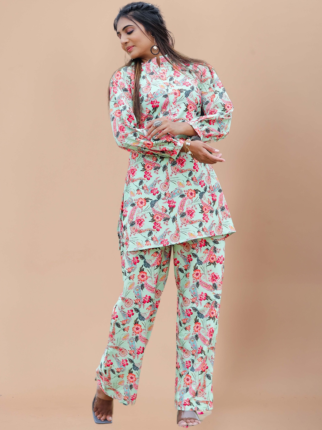

SIDYAL Floral Printed Mandarin Collar Top With Straight Trousers, Teal